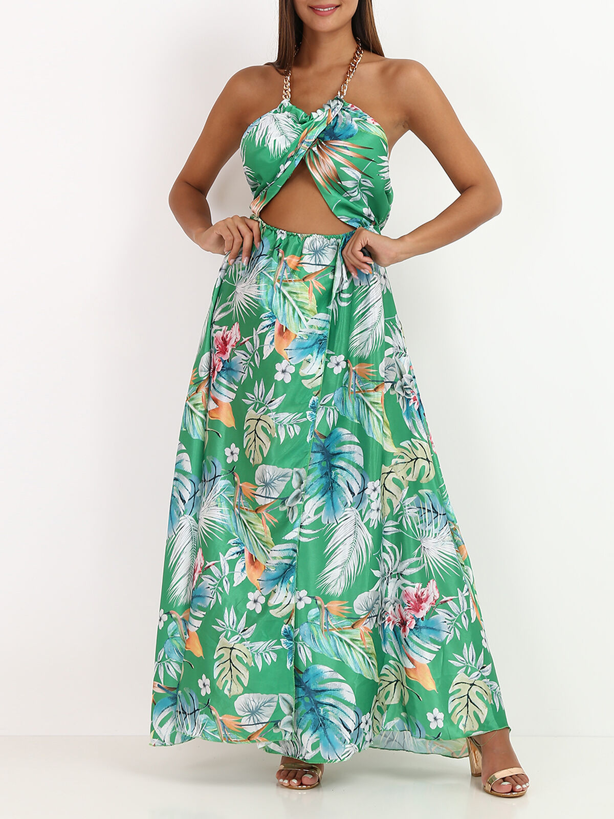 Robe ajourée à chaîne et imprimé tropical- Vert