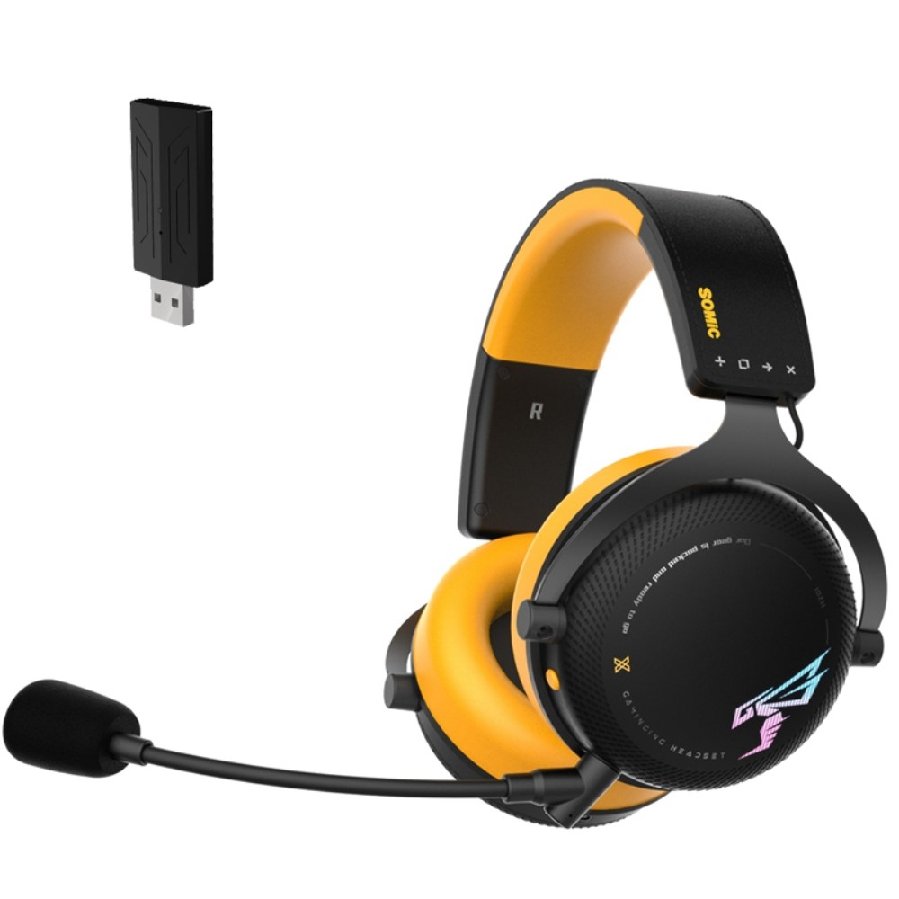 Kabelloser USB Over-Ear Gaming Kopfhörer mit RGB LED Stereo Sound Headset   Mikrofon   3.5mm Klinke Anschluss (600 mAh) - Schwarz / Gelb