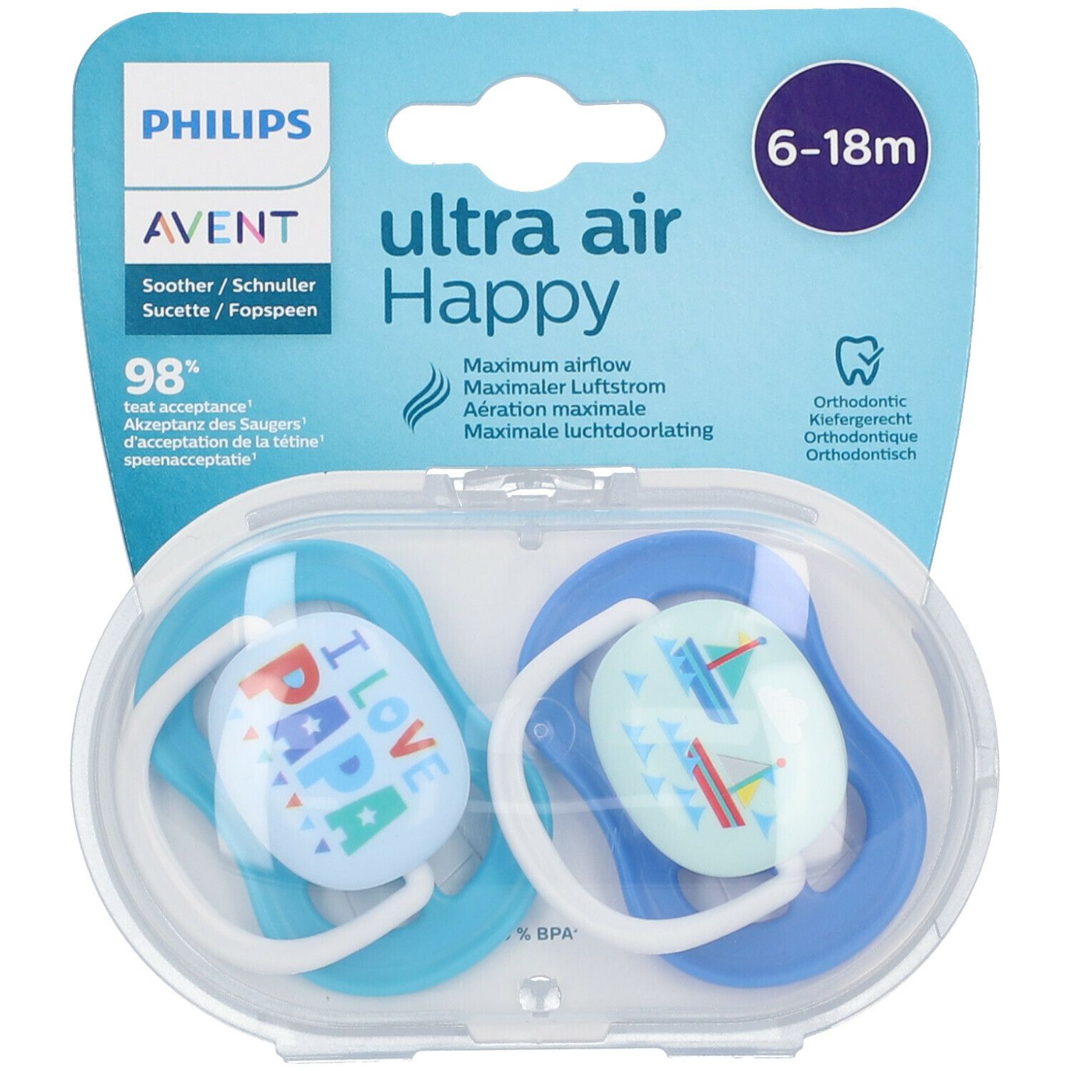 PHILIPS Avent Ultra Air Happy Schnuller 6-18 Monate, Papa blau/weiß