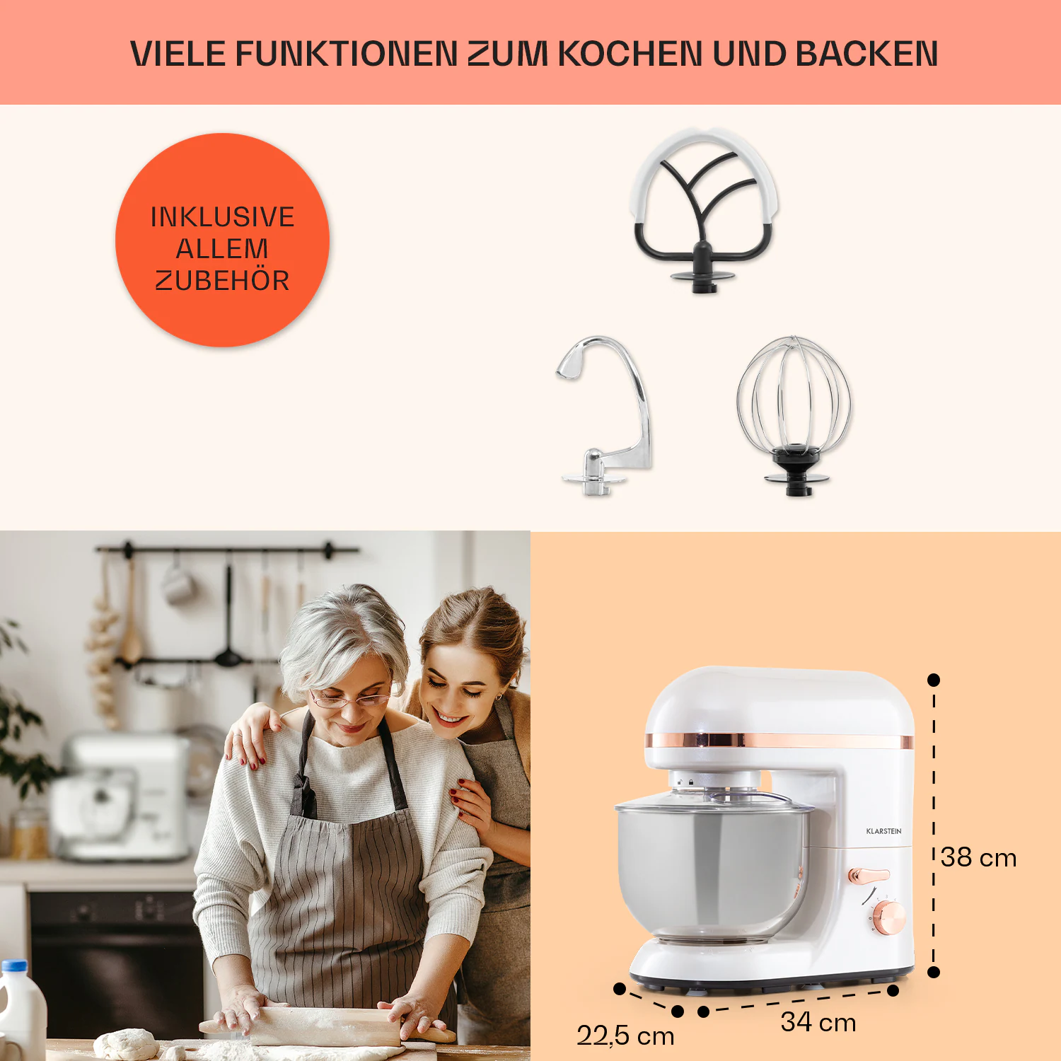 Bella Elegance Küchenmaschine 1800W/2,7PS/5,2 Ltr Edelstahl BPA-frei