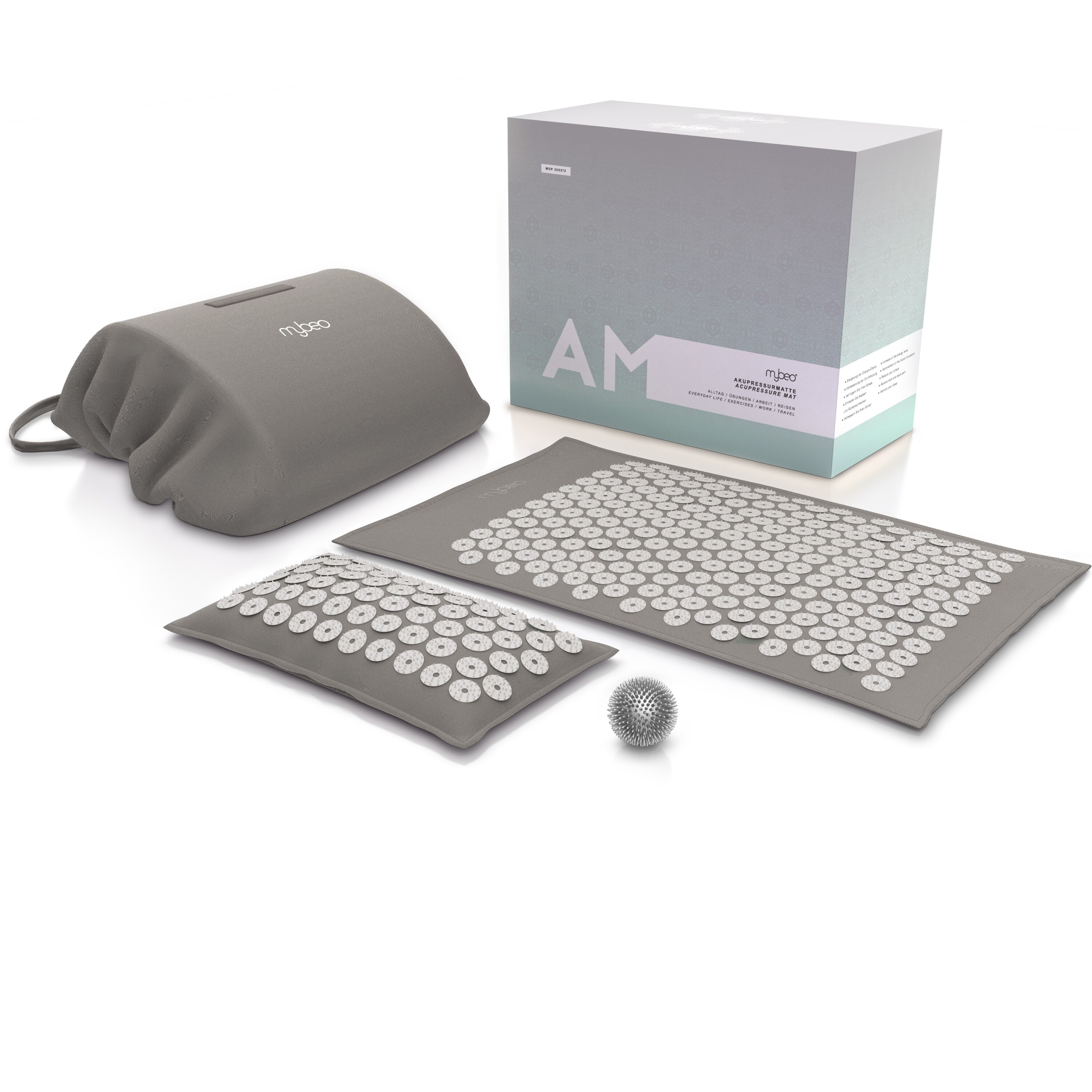 MyBeo Akupressur-Set, 71 x 44cm, Akupressurmatte mit Kissen & Massageball zur Entspannung, Stimulation und Meditation + Transporttasche, Grau