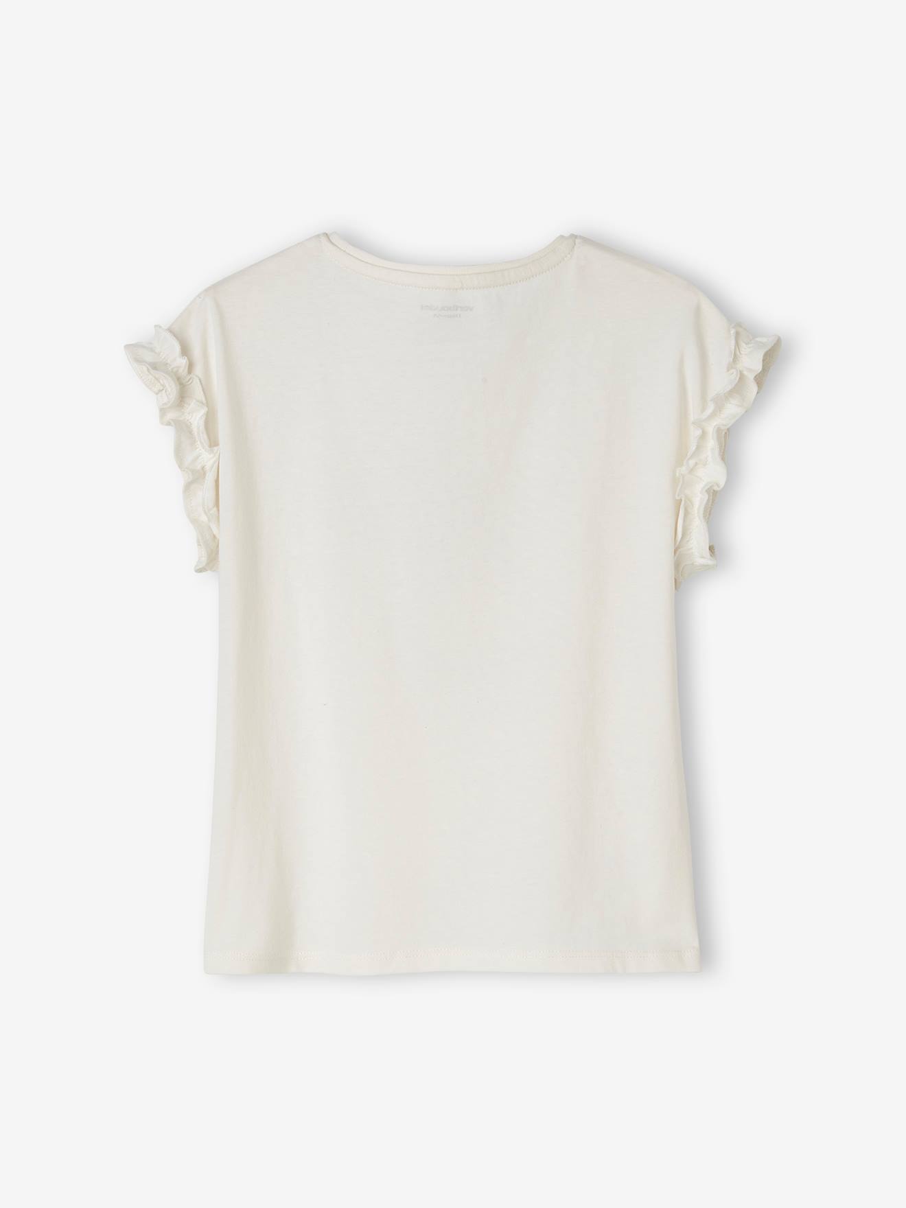 Camiseta infantil bege de manga curta com estampa iridescente e babados.