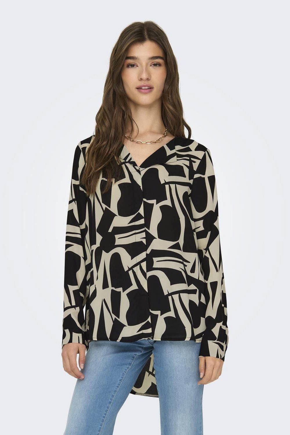 ONLY blouse ONLTIANA met grafische print zwart/ bruin