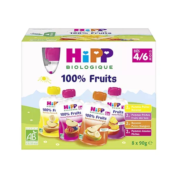 Hipp Orgânico 100% Frutas em Sachês - Pacote com 4 variedades + 4 sachês de 8 x 90g