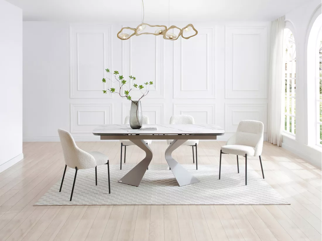 Table à manger extensible 6 à 10 personnes céramique, verre trempé et métal taupe - Effet marbre blanc - KAJARI de Maison Céphy