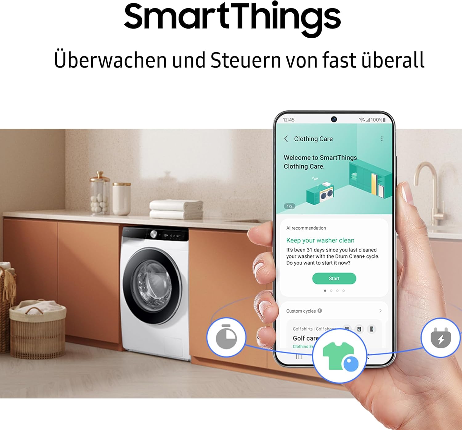 Samsung WW90DG6G94LKU2 Waschmaschine WW6100D SLIM, 9 kg, EEK: A (-10%), Klartext-Display, Dampfprogramm, SmartThings AI Energy Mode, Ecobubble, AI Wash, SuperSpeed 39 Min. Waschprogramm, Weiß