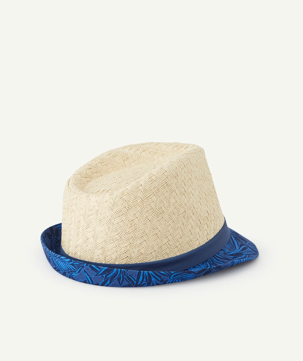 CHAPEAU DE PAILLE GARÇON AVEC TISSU BLEU MARINE IMPRIMÉ