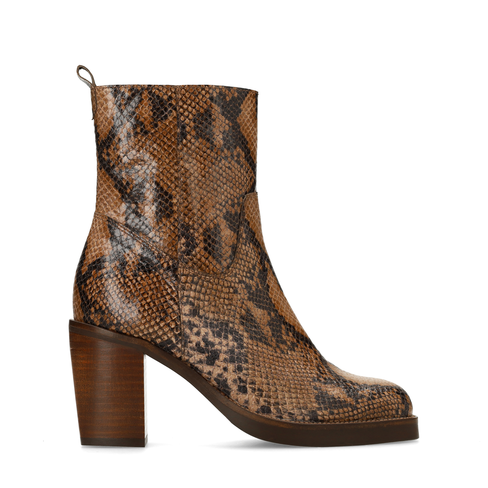 Taupe leren snakeprint enkellaarsjes met hak