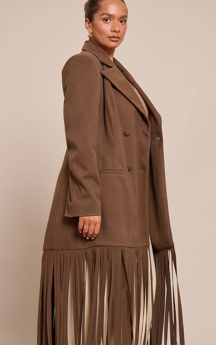 Marron Blazer Shape Aspect Laine Taille Cintrée Ourlet À Franges