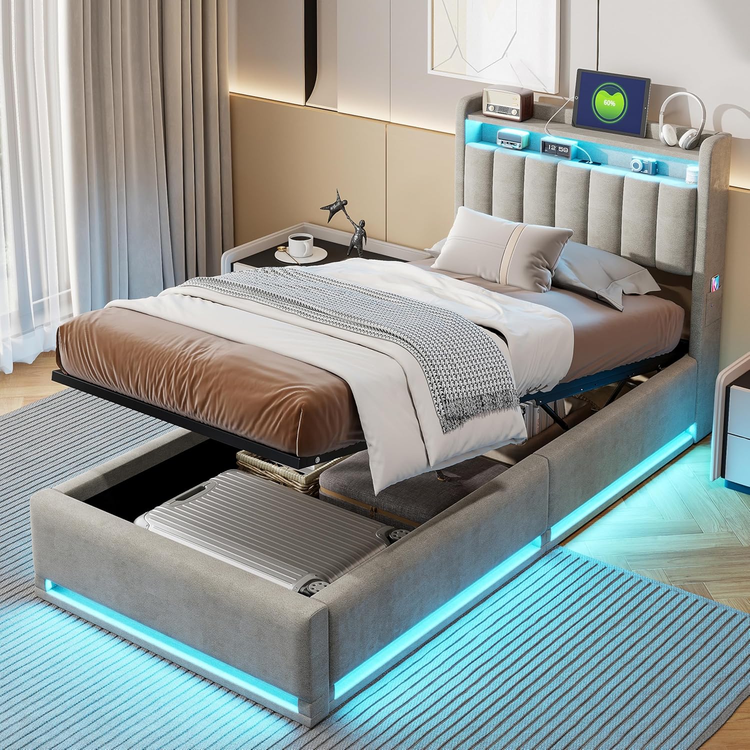 Polsterbett Einzelbett 90x200 cm, Hydraulisch Stauraumbett Bett mit Stauraum Kopfteil, Bettgestell mit Lattenrost, Jugendbett Funktionsbett mit USB und Typ-C Ladefunktion, Ohne Matratze(Grau)