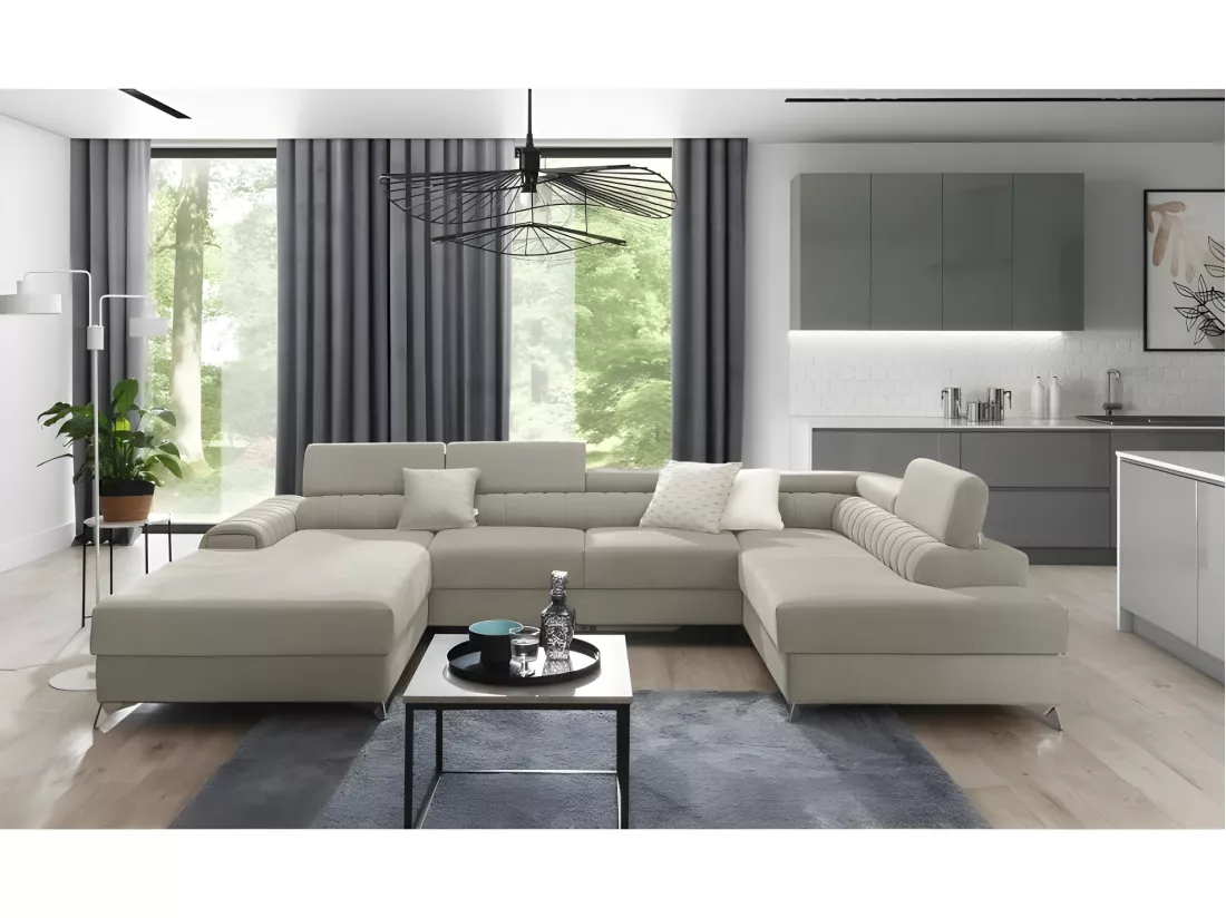 Canapé d'angle panoramique RILO avec têtières réglables angle droit beige