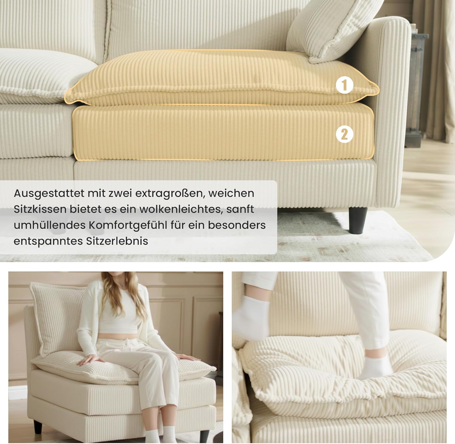 APICIZON Sofa mit Schlaffunktion, Cloud Couch, Sofa L Form, Eckcouch-275x132x80cm, Sofas XXL, Wohnzimmer Cord Schlafcouch, Seitliche Magazin-Aufbewahrungstasche, Beige