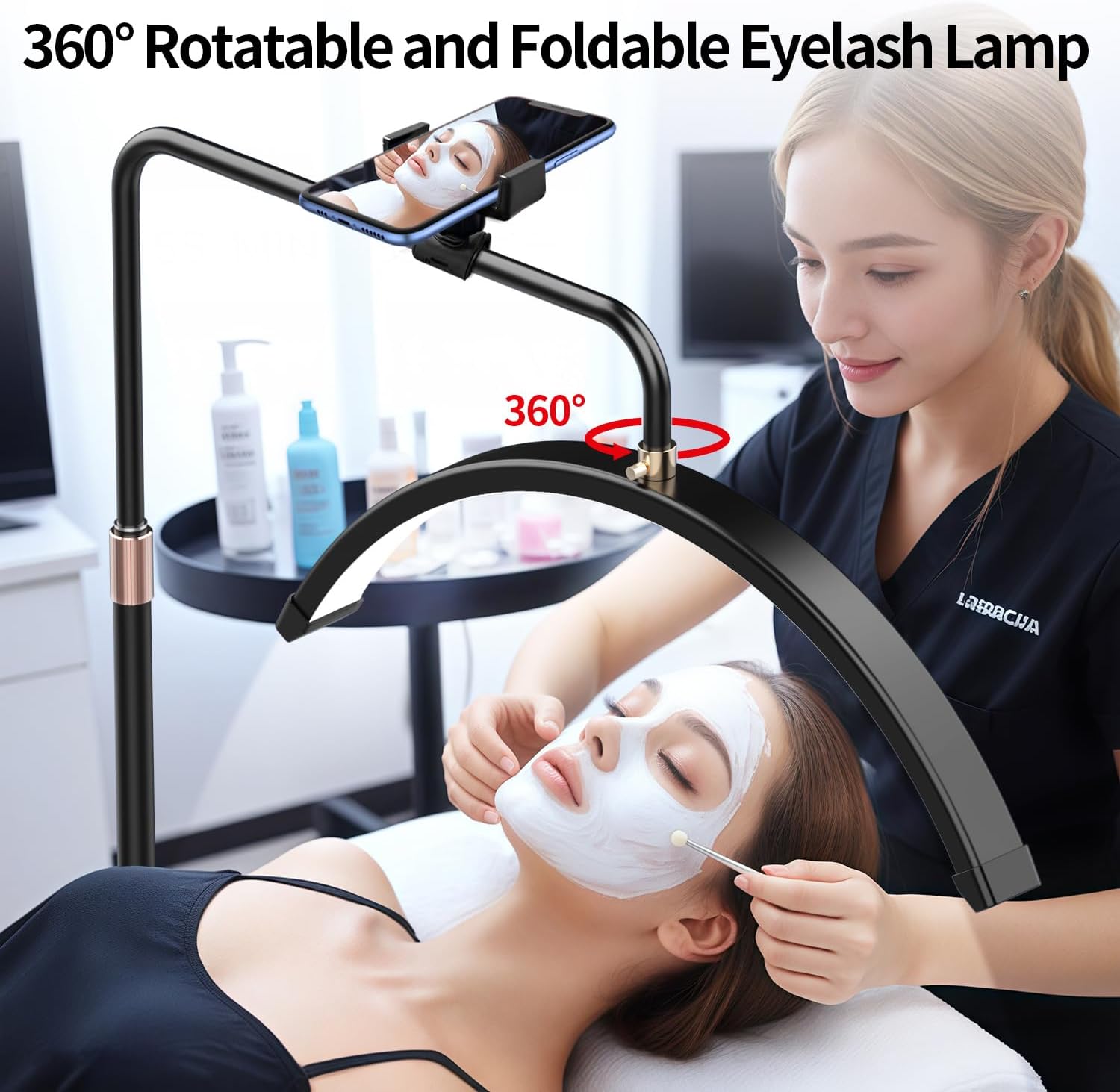 Halbmond-Stehlampe für Wimpern, Wimpern Lampe für Wimpernverlängerungen mit Telefonhalter, Tätowierer, Nageltechniker – kühle, LED Beauty-Ringlicht Warme Lampe mit Einstellbarer Helligkeit und Höhe