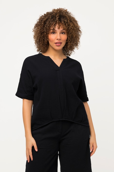 Musselin-Bluse, Oversized, Tunika-Ausschnitt, Halbarm