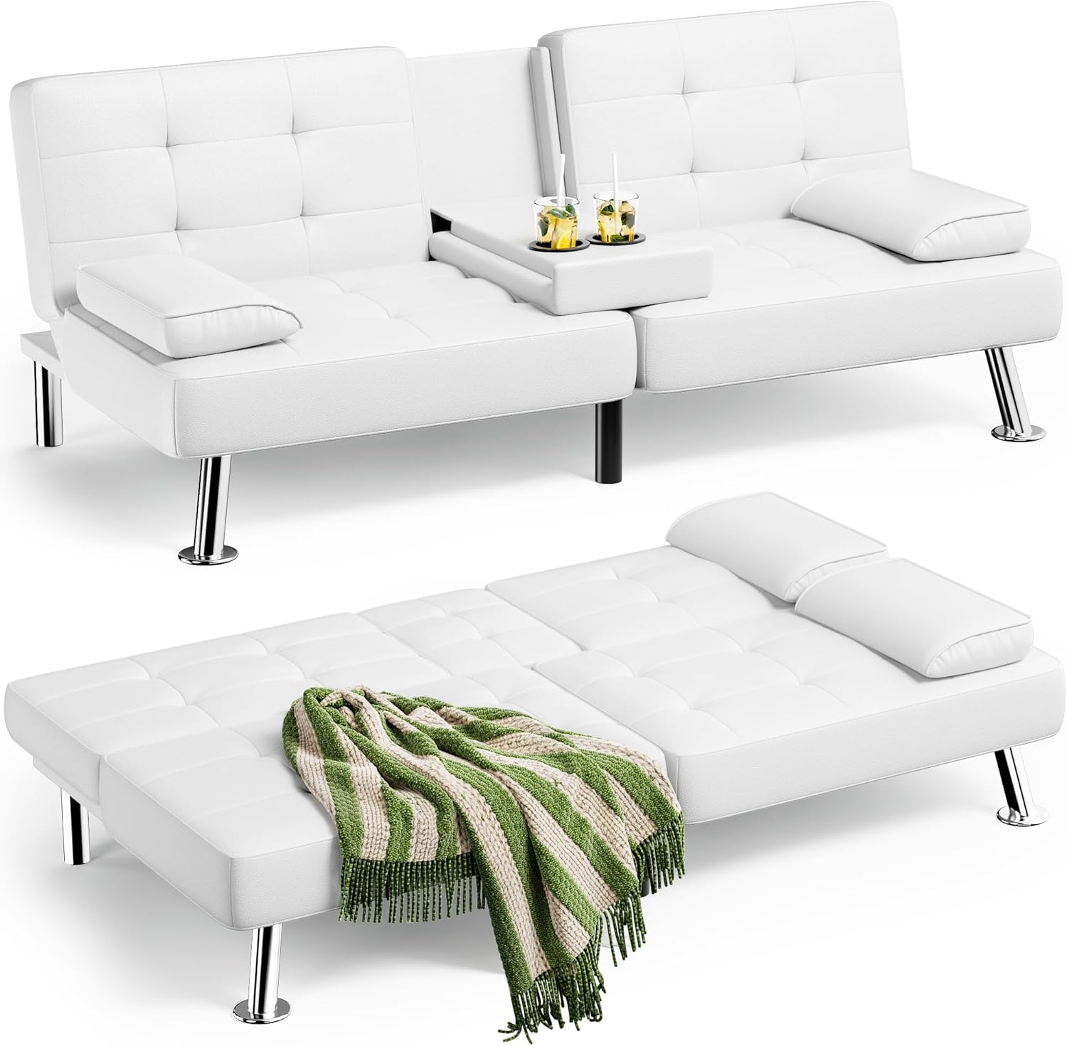 Homall Futon Schlafsofa, Leder-Futon-Couch mit abnehmbaren Armlehnen, verstellbare Liege, Schlafsofa mit zwei Getränkehaltern für Wohnzimmer, Wohnung, Büro (Weiß)