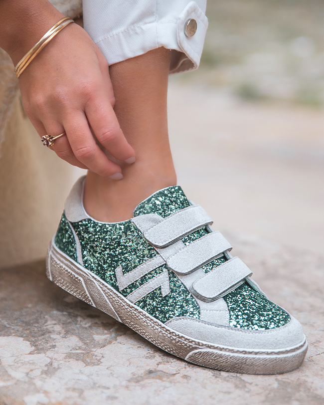 Basket femme verte à scratch - CL69 GLITTER