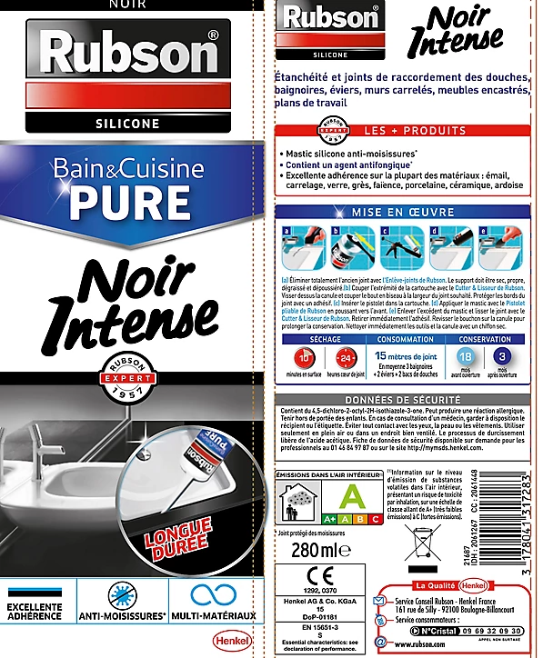 Mastic Rubson Bain&Cuisine noir intense cartouche 280ml