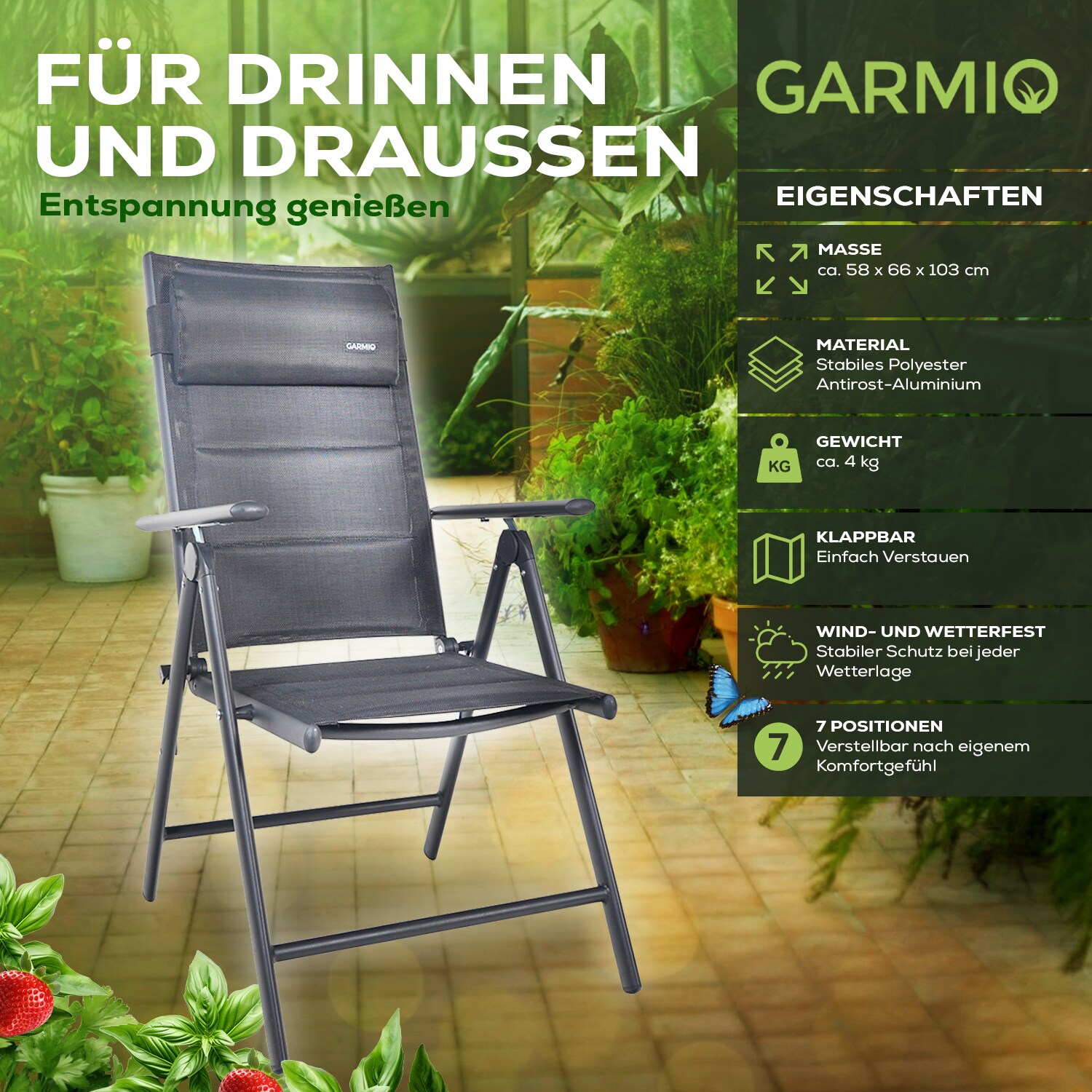 GARMIO® Gartenstuhl Balkonstuhl FLORENZ anthrazit, 4er SET, 7-fach verstellbar, klappbar, inkl. Nackenkissen, für Terrasse