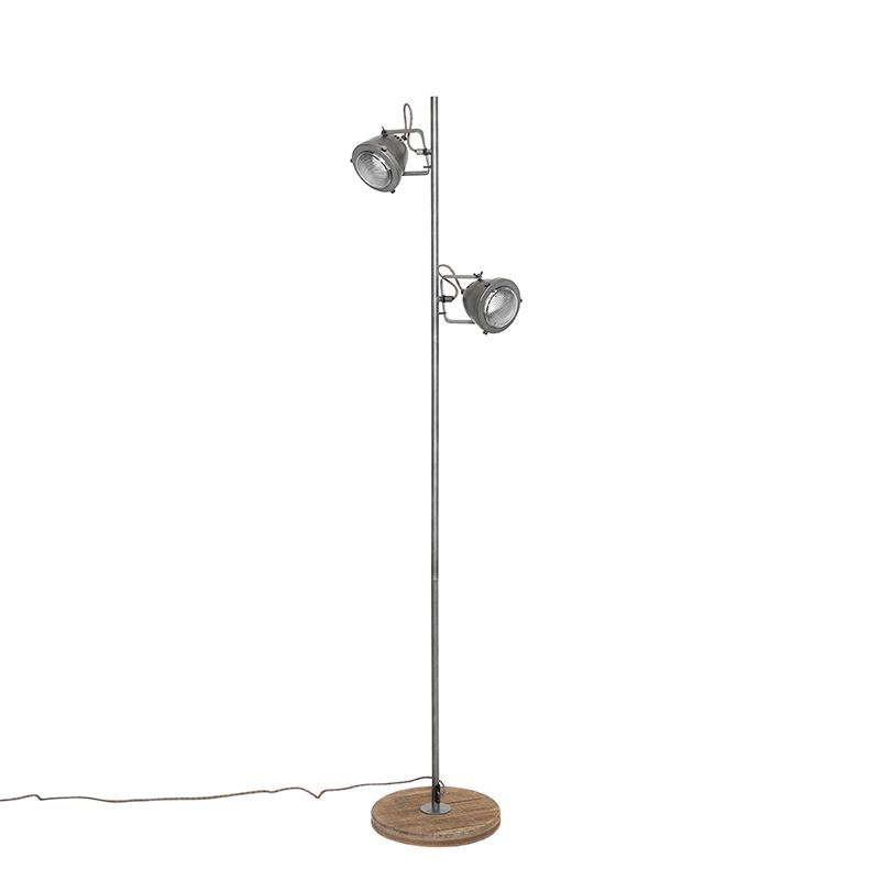 Industriële vloerlamp staal met hout 2-lichts - Emado