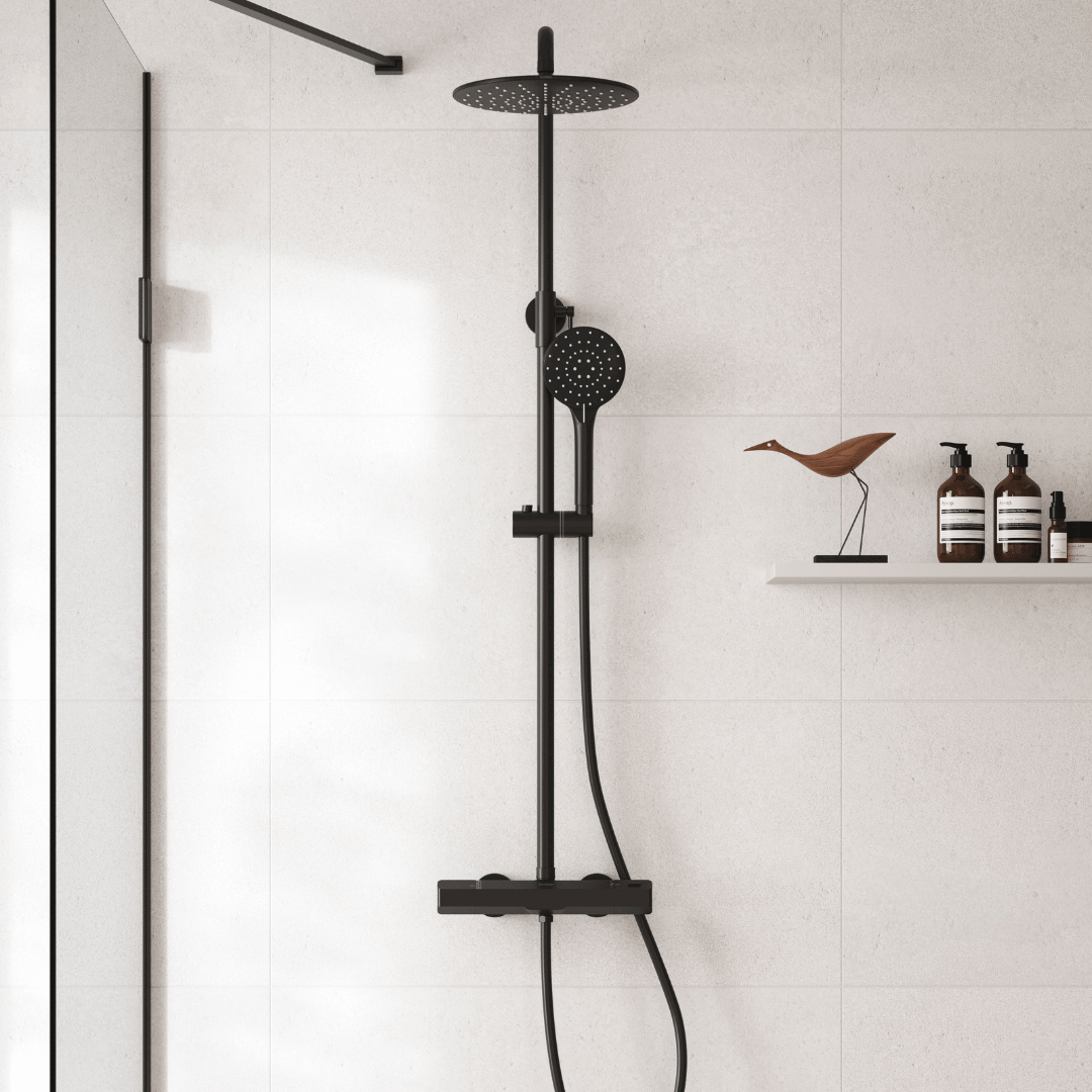 EcoRain Waterbesparende Regendoucheset Glenn 23 cm Zwart met Thermostaatmengkraan - 30% Waterbesparing - Moderne Regendoucheset - Handdouche 12 cm - Universele Douchekop - Antikalk Douchekop