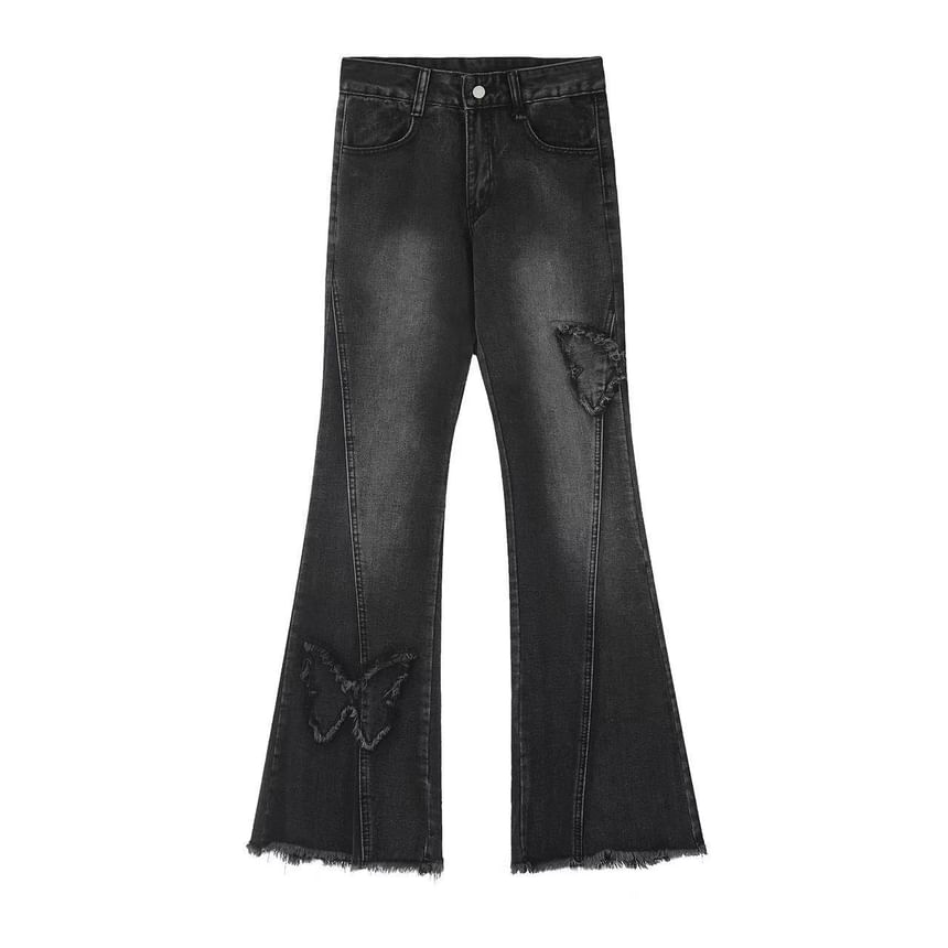 Kloitrinm - Mid Waist Butterfly Applique Washed Flared Jeans