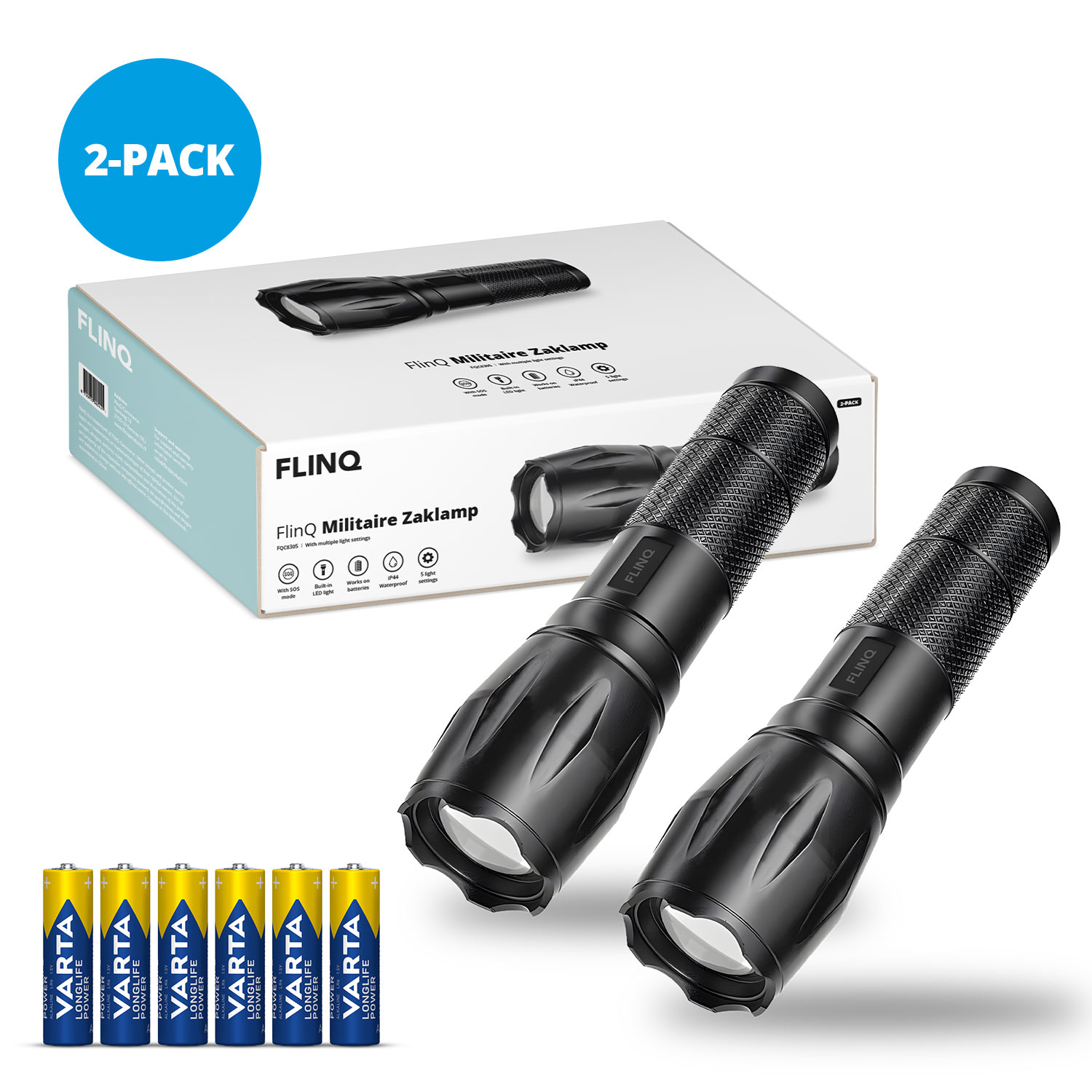 FlinQ set van 2 Militaire zaklampen met batterijen