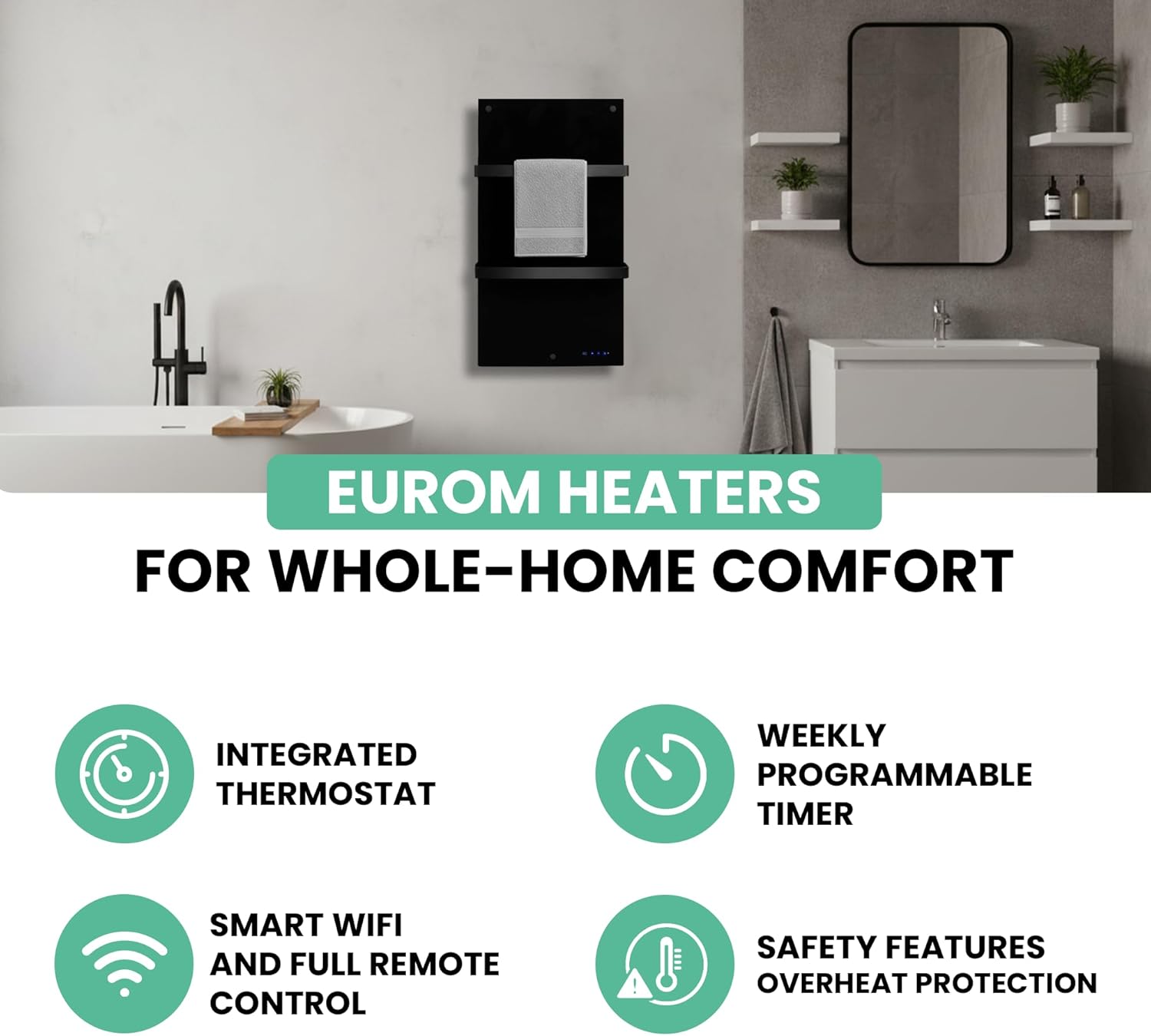 Eurom Infrarotheizung Sani 400 Wifi, schwarz 350135 (Handtuchtrockner Badezimmerheizung Bad-Heizung) Leitung: 400 W/Eingangsspannung: 220-240 V/Heizelemente: Kohlenstoffkristall