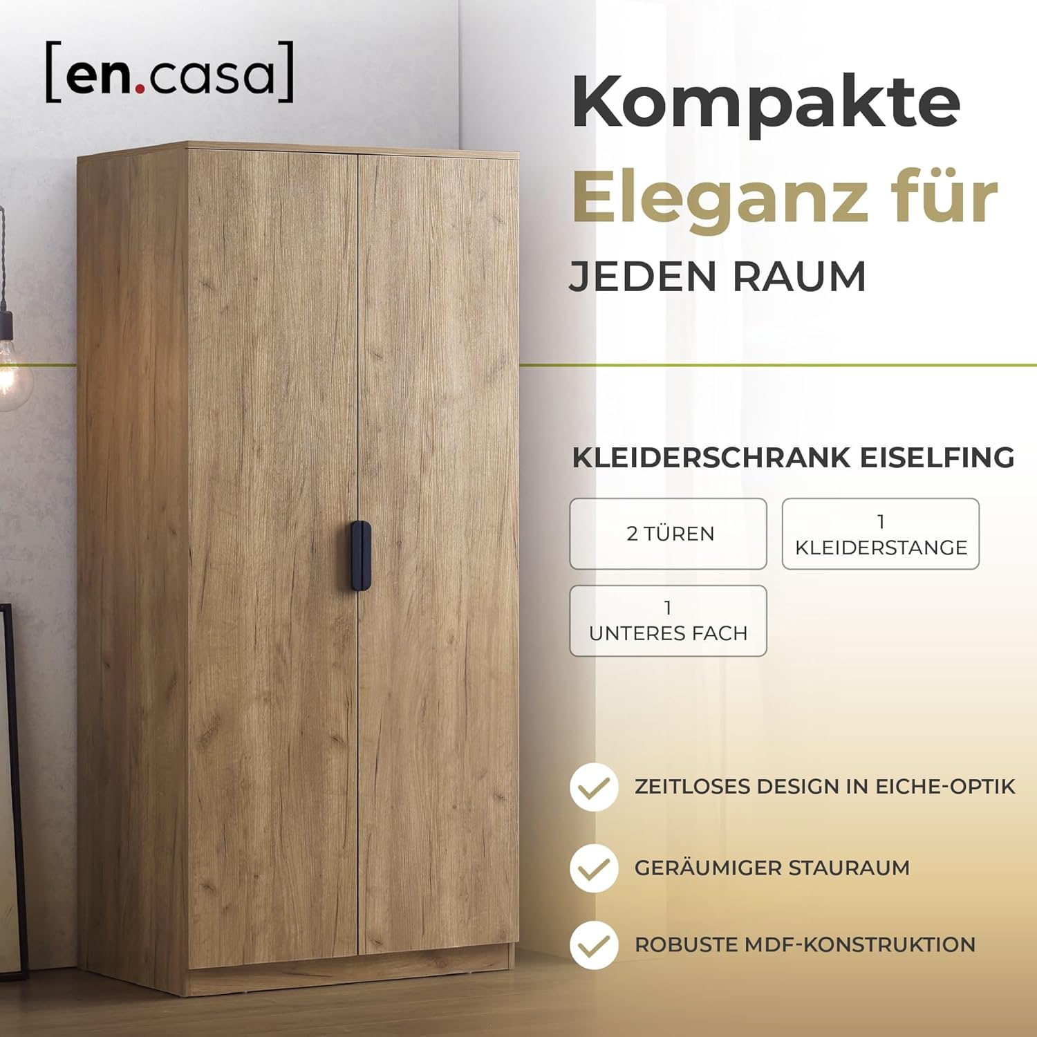 [en.casa] Kleiderschrank Eiselfing Schrank mit 2 Türen Garderobenschrank 176 x 80 x 52 cm Schlafzimmerschrank 1 Kleiderstange 1 Fach Eicheoptik