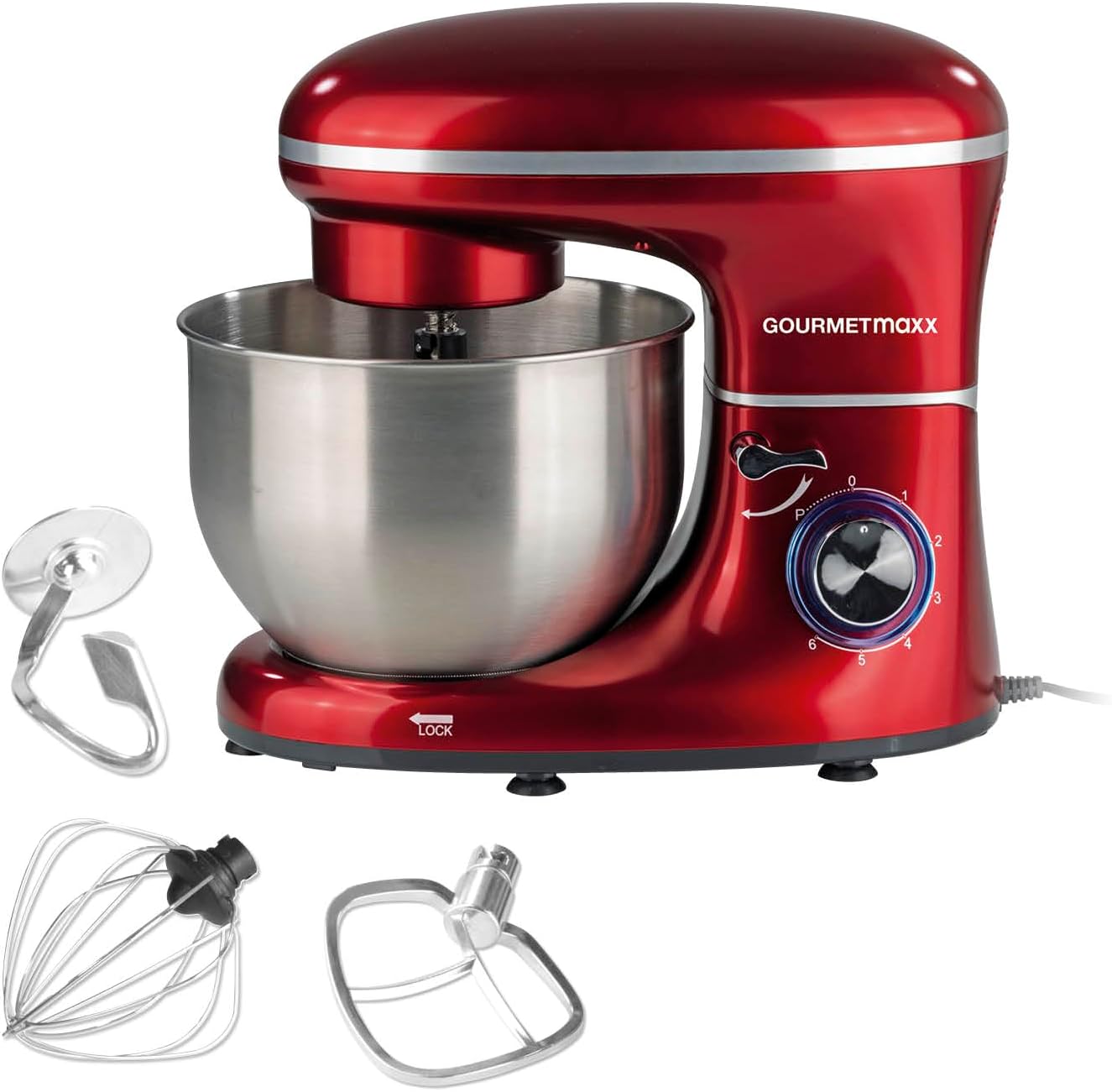 GOURMETmaxx Küchenmaschine mit Knet- und Rührfunktion | Leistungsstarke Küchenmaschine mit großer 5 Liter Edelstahlschüssel und Direktantrieb | Inkl. Rühraufsatz, Knethaken & Schneebesen [1.500 Watt]