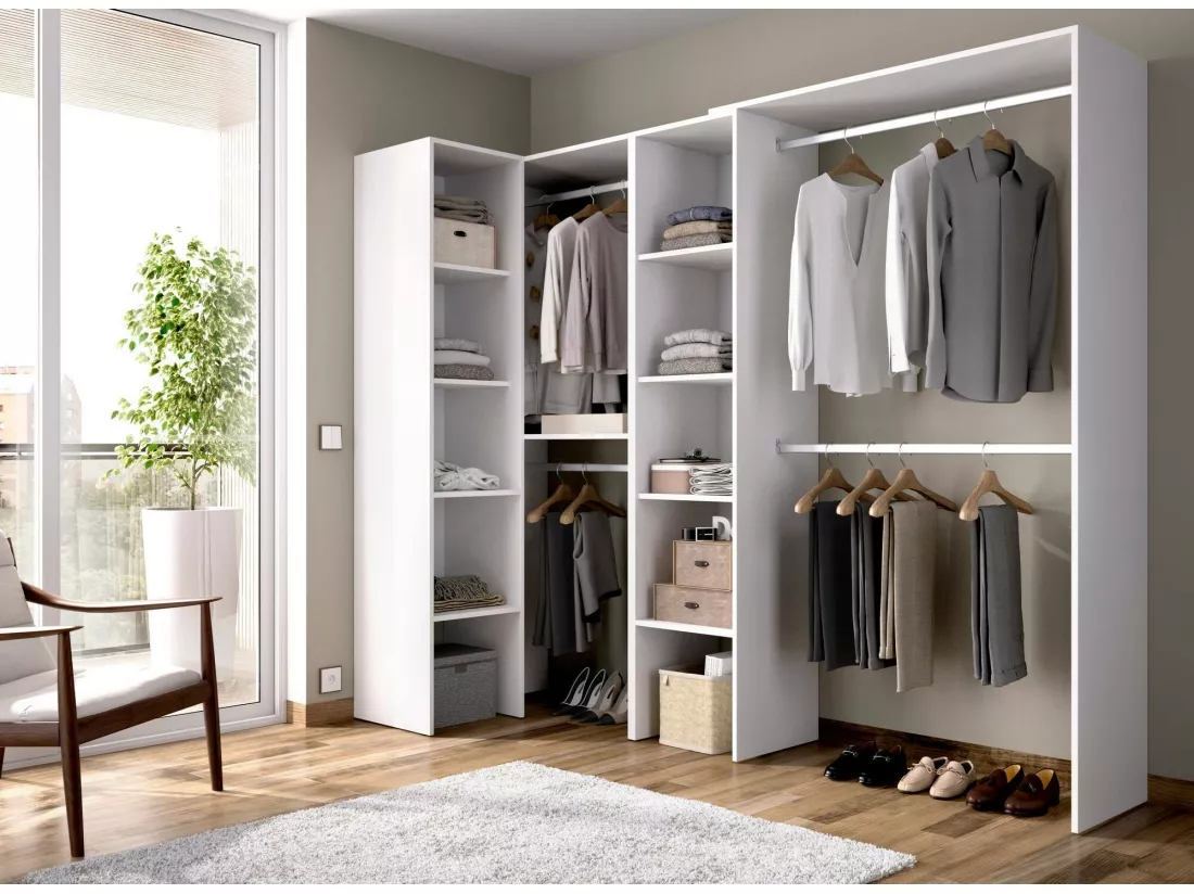 Armoire Dmagrin, Structure pour dressing d'angle, Cintre d'angle ouvert, 228x79h187 cm, Blanc
