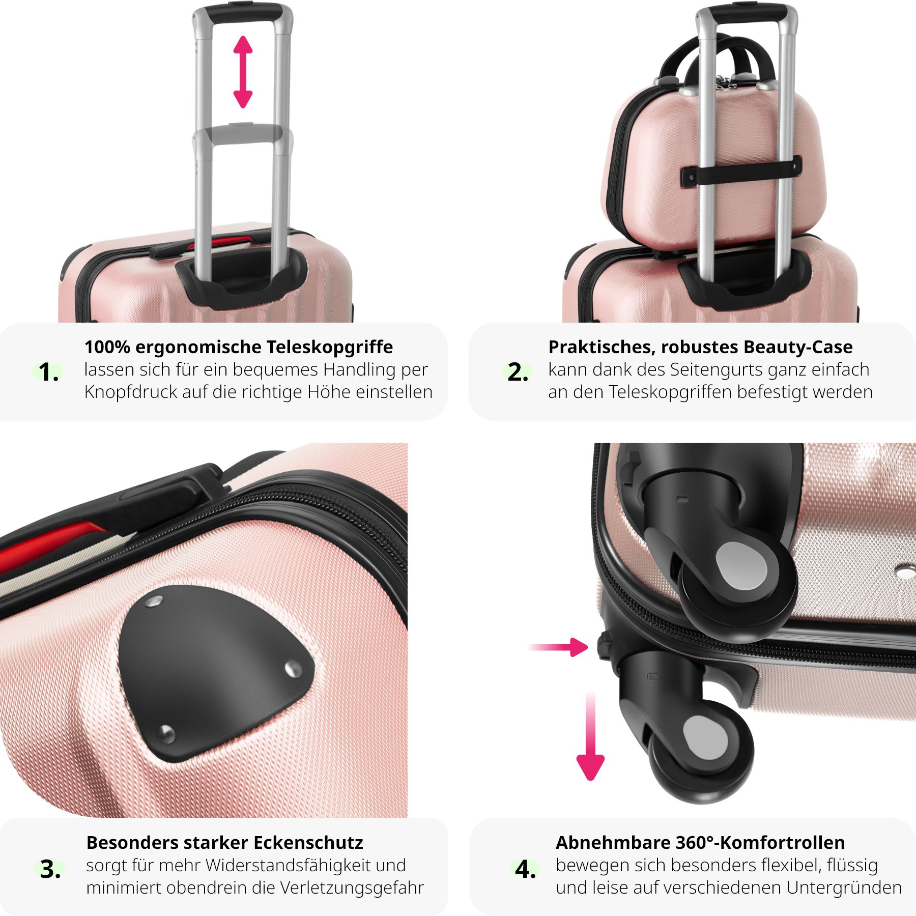 tectake® Hartschalenkoffer-Set, 4-teilig, 3 Trolleys und Beauty-Case aus robustem ABS-Kunststoff, abteilbarer Innenraum, mit Sicherheits-Zahlenschloss