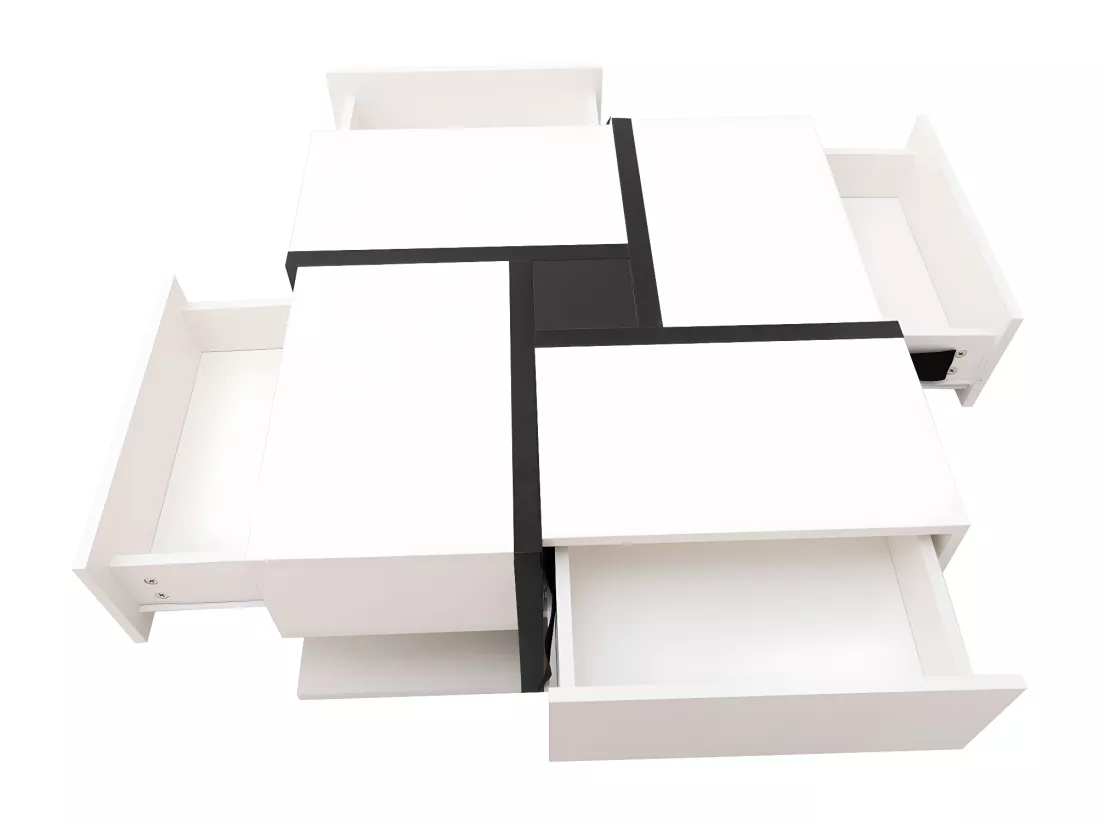 Table basse carrée haute brillance, avec 4 tiroirs, design uniques, espace de rangement en bas, 78x78x36cm blanc
