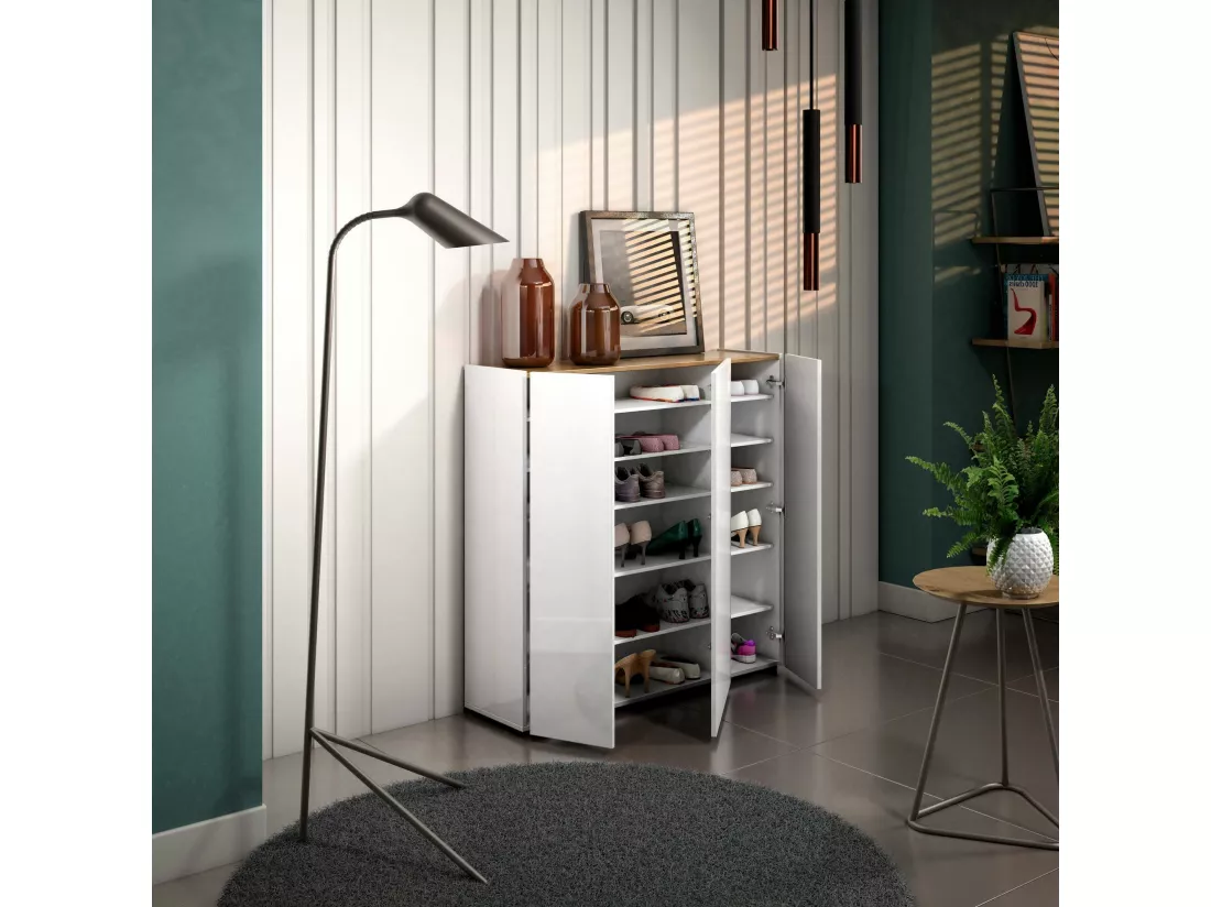 Meuble à chaussures Mbizana, Meuble à chaussures, Armoire d'entrée polyvalente, Rangement pour chaussures, Made in Italy, 116x35h115 cm, Blanc brillant et chêne