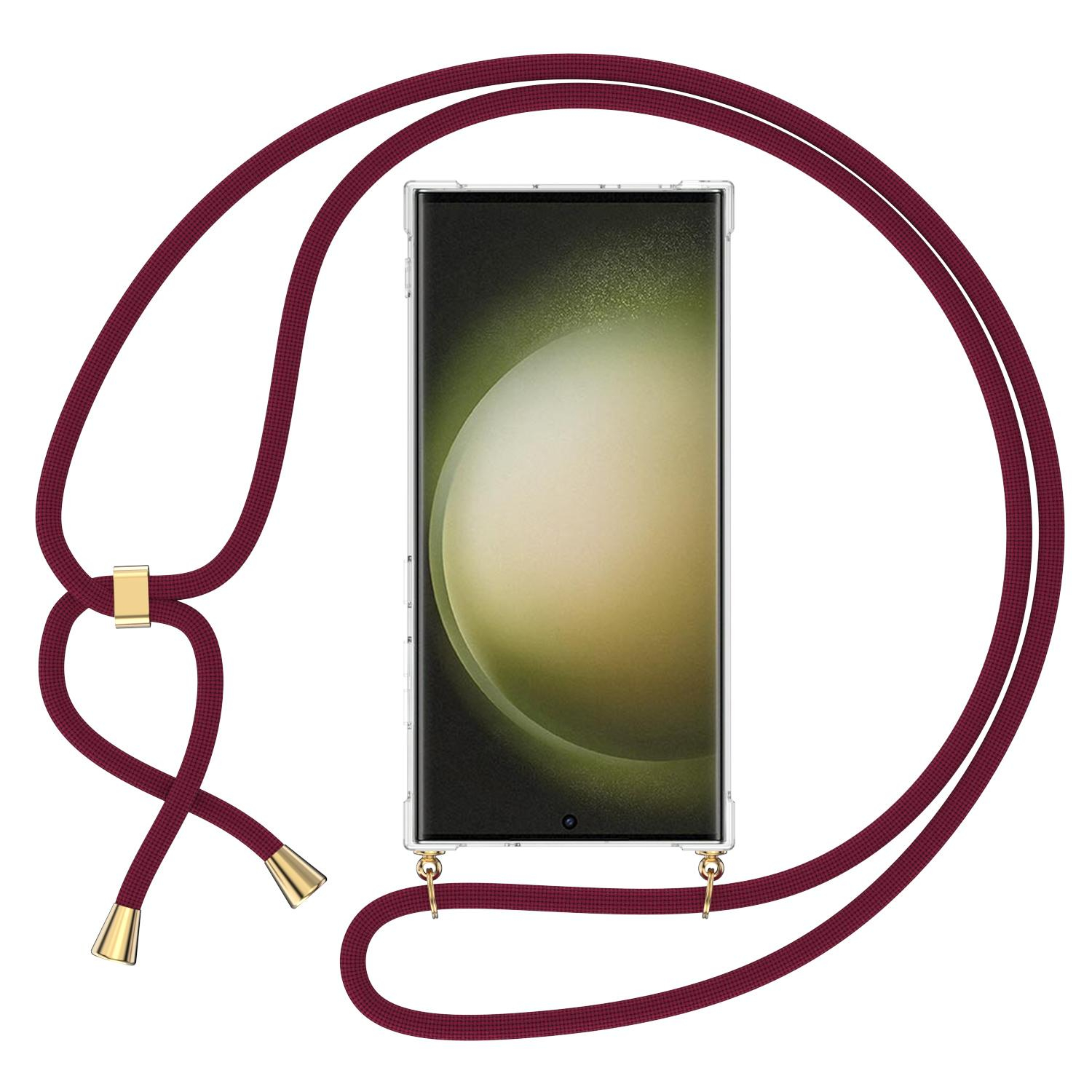 Samsung Galaxy S23 Ultra 5G Necklace Gummi Hülle Air Cushion Fallschutz   Handykette (150cm) - Dunkelrot / Gold