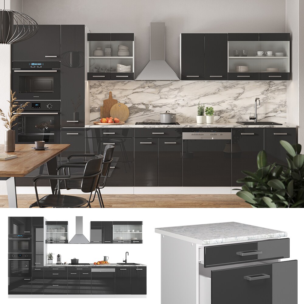 Vicco Küchenzeile Küchenblock Einbauküche R-Line 350 cm Weiß Anthrazit Arbeitsplatte Hochglanz