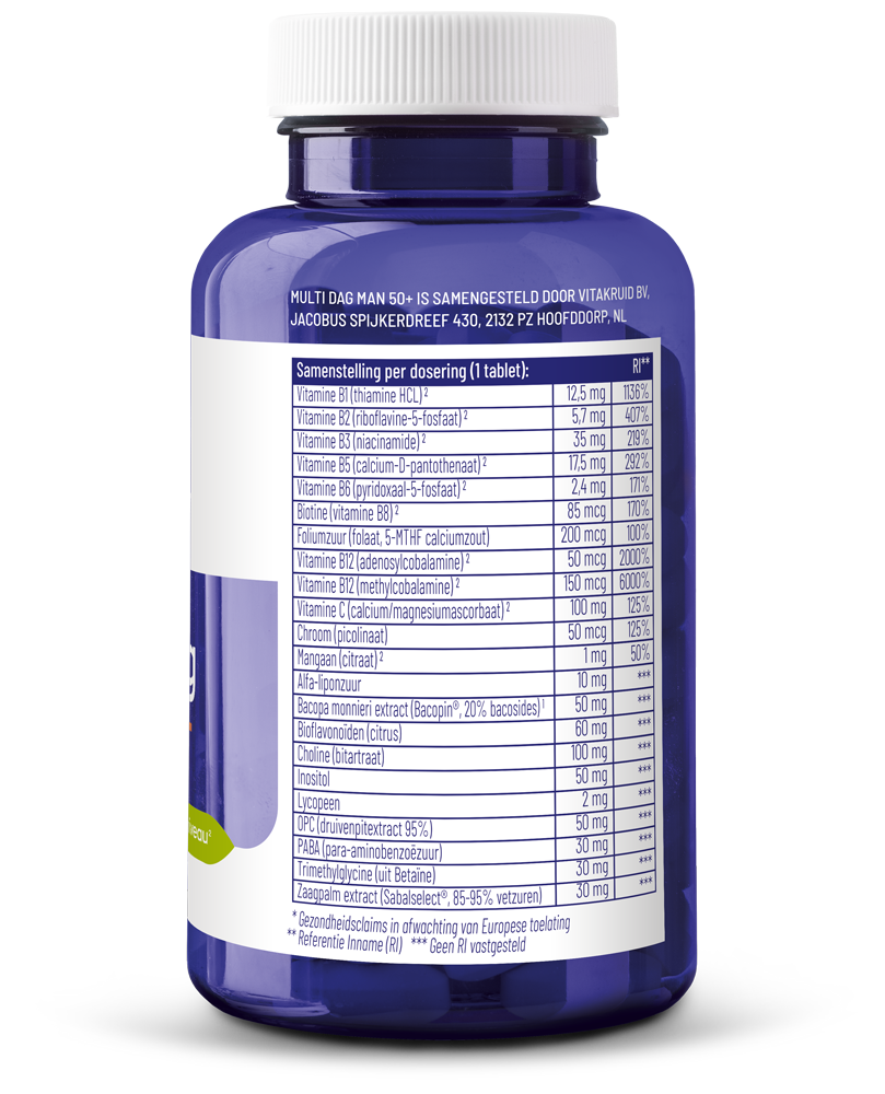 Vitakruid Multi Dag Man 50+ 100% Vegan (90 tabletten)