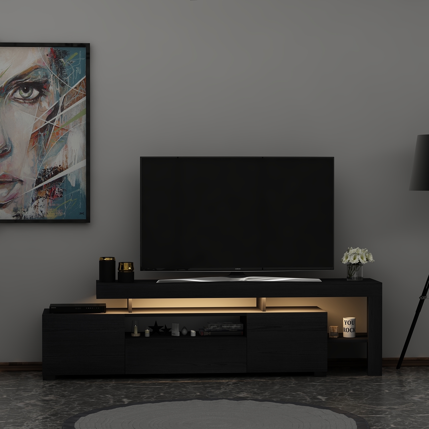 TV-Lowboard - schwarz - mit LED-Beleuchtung - 192 cm