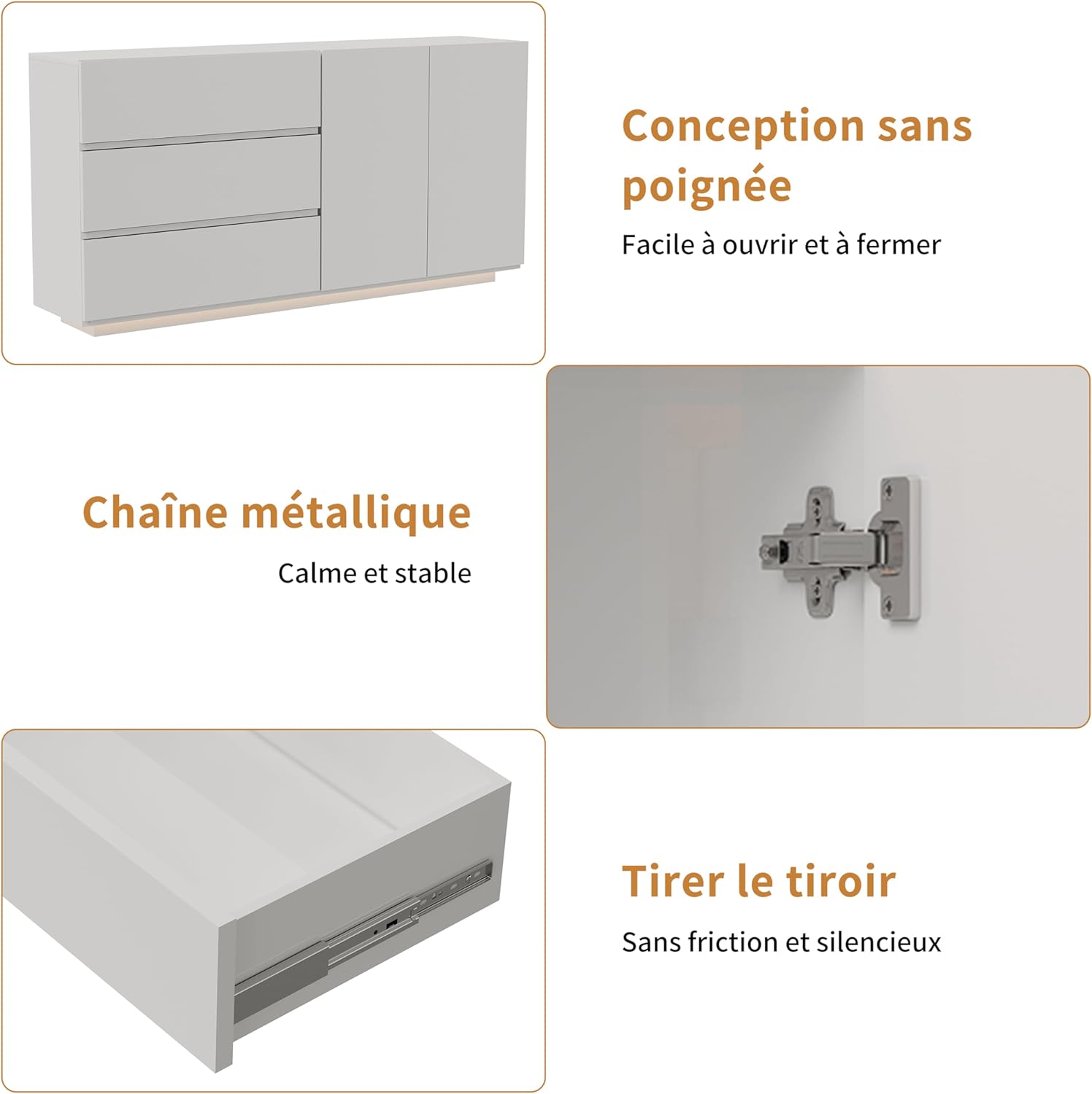 Sideboard für Wohnzimmer, weiß, glänzend, mit LED-Beleuchtung, Küchenmöbel mit 2 Türen und 3 Schubladen, TV-Schrank modern, für Wohnzimmer & Esszimmer & Küche (weiß, 160 x 35 x 76 cm)