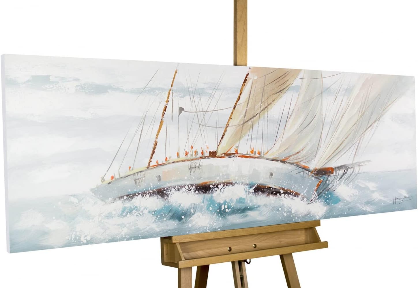 KunstLoft Leinwandbild | 100% HANDGEMALT | 150x50cm | Gemälde 'Ruf des Abenteuers' | Schiffe & Boote | Weiß | Wandbild Wohnzimmer