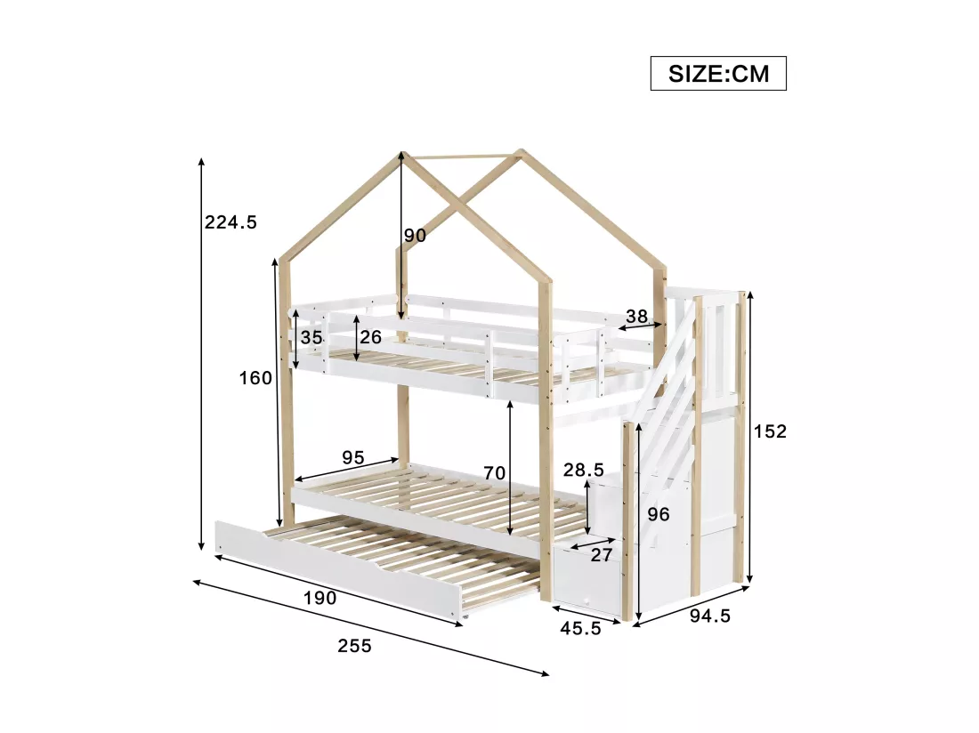 Lits Superposés Cabane - 90 X 200 cm/90 X 190 cm - Avec Escalier À Tiroirs Et Protection Antichute - Naturel + Blanc