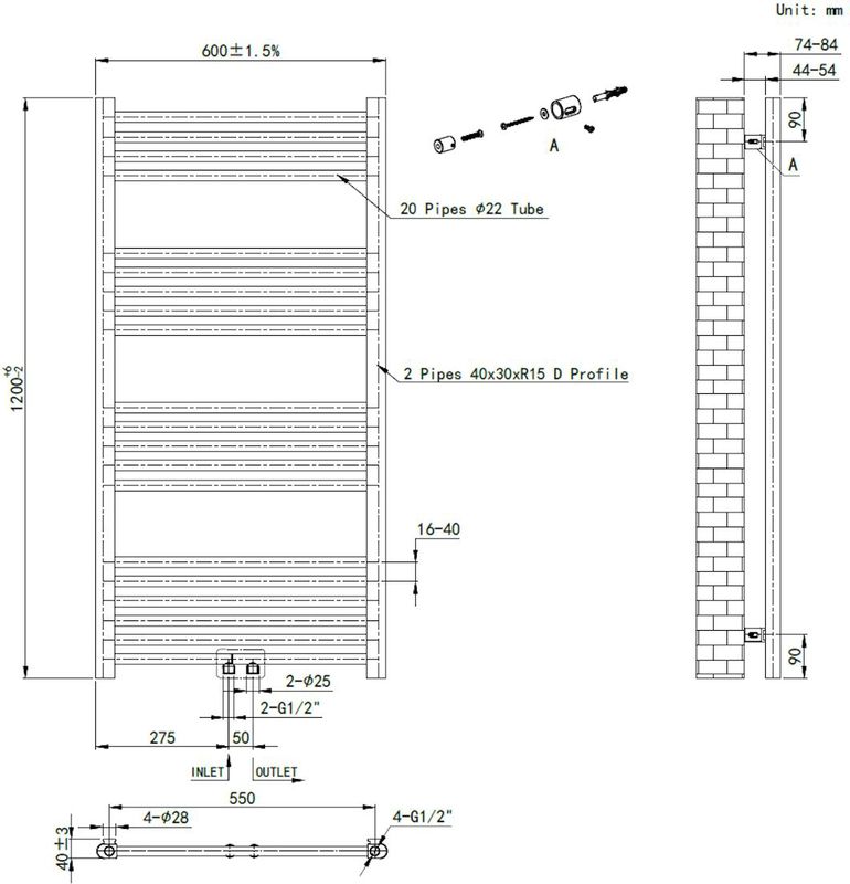 BWS - Cory - Handdoek Radiator - 120x60 cm - Geborsteld Messing Goud
