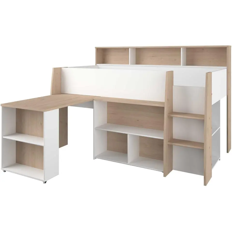 Halfhoogslaper Duffy 90x200cm met bureau - wit / eikdecor