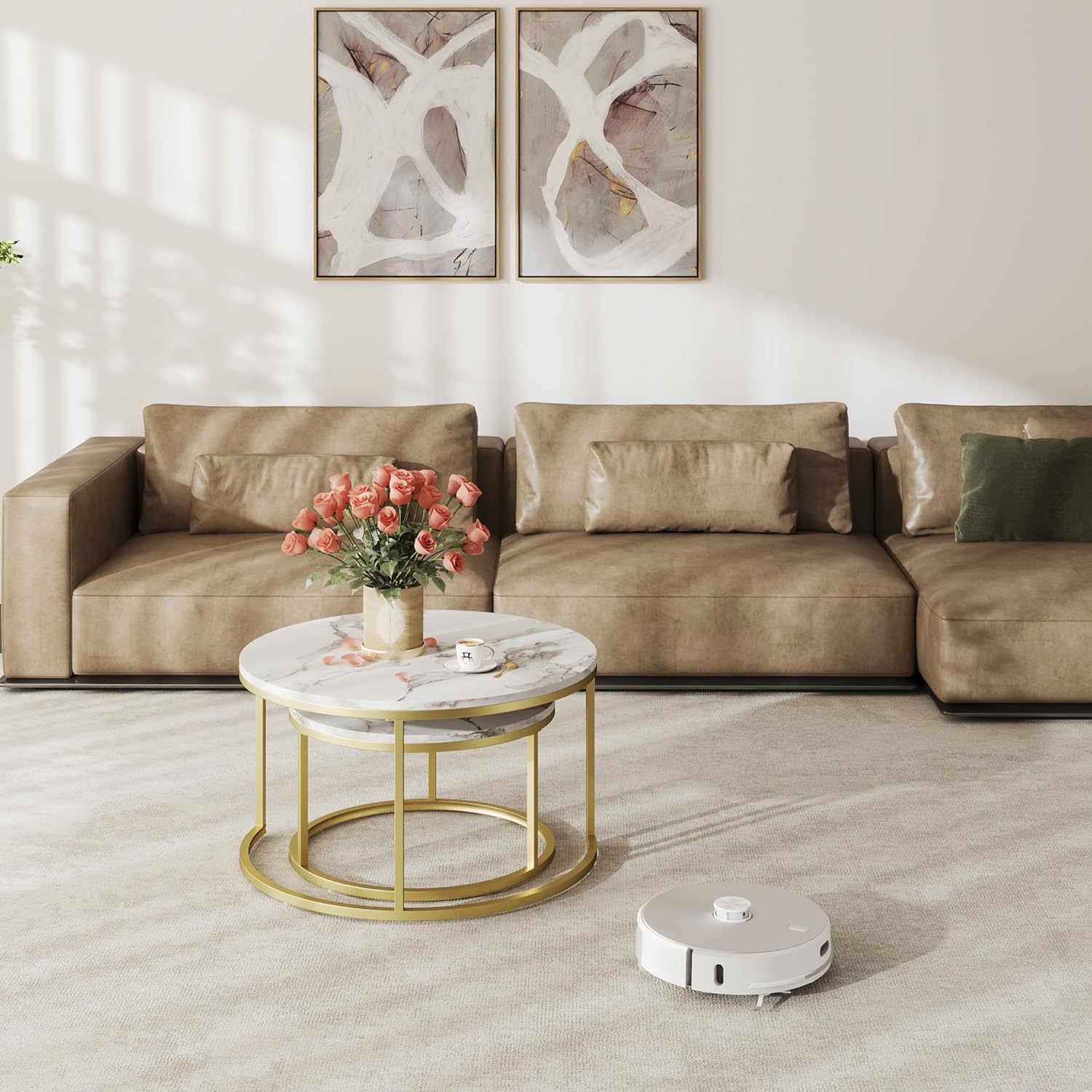 Couchtisch 2er Set, Marmor Couchtisch Gold, Wohnzimmertisch Weiß, Couchtische Rund, Tisch Wohnzimmer Modern,80 x 80 cm & 60 x 60 cm
