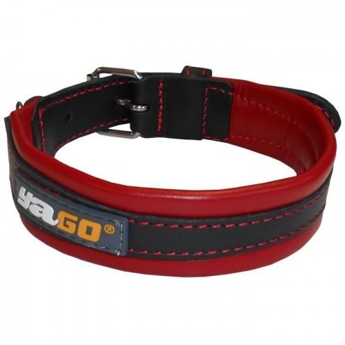 Coleira ajustável Yago em couro vermelho e preto para cães de porte médio.
