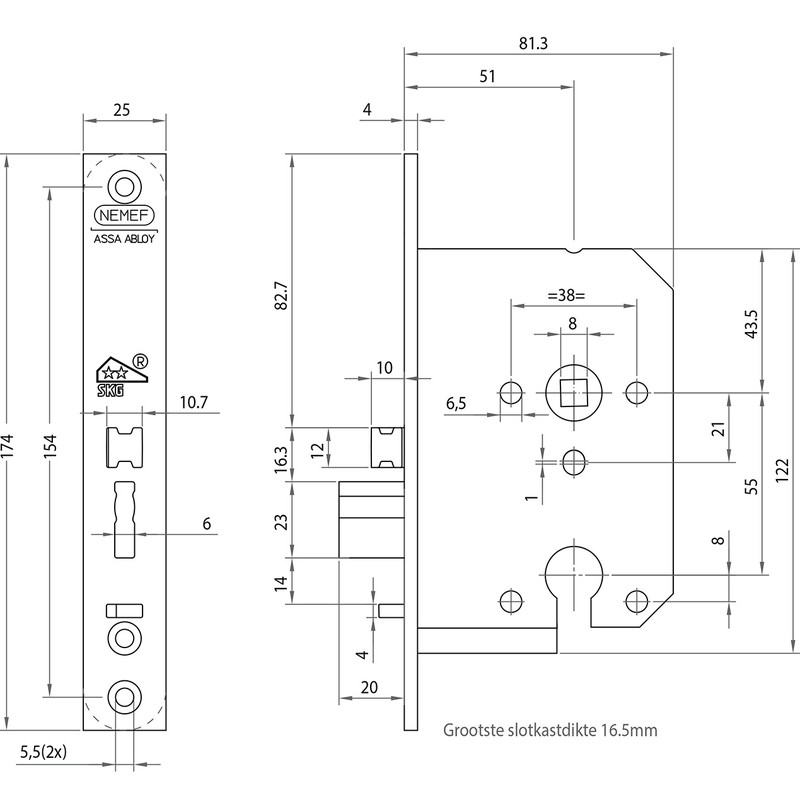 Nemef veiligheids cilinderslot zelfsluitend SKG** 4119/18 PC 55mm