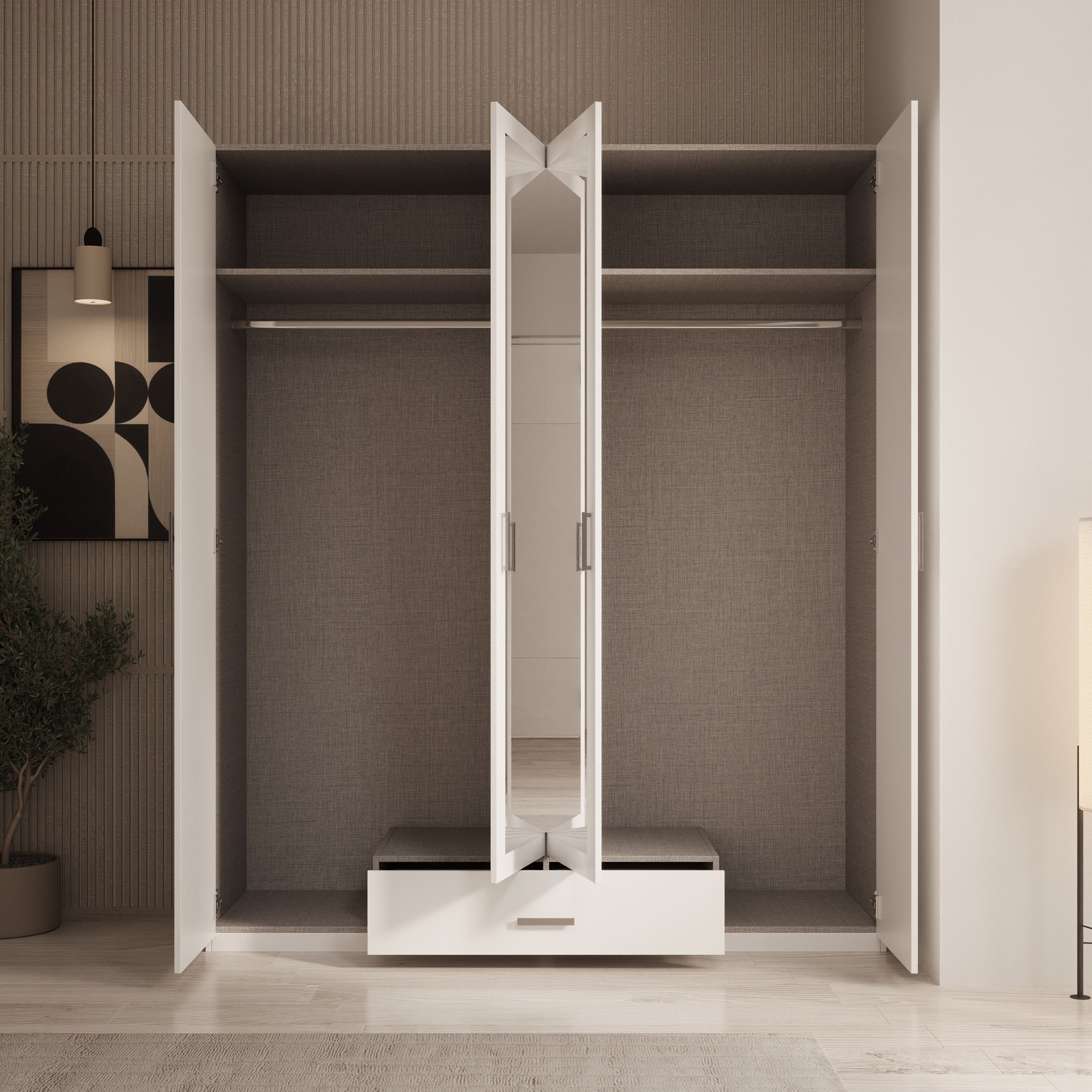 Enzio - Kledingkast 4 deurs met spiegel - Wit - 178x54x211 cm
