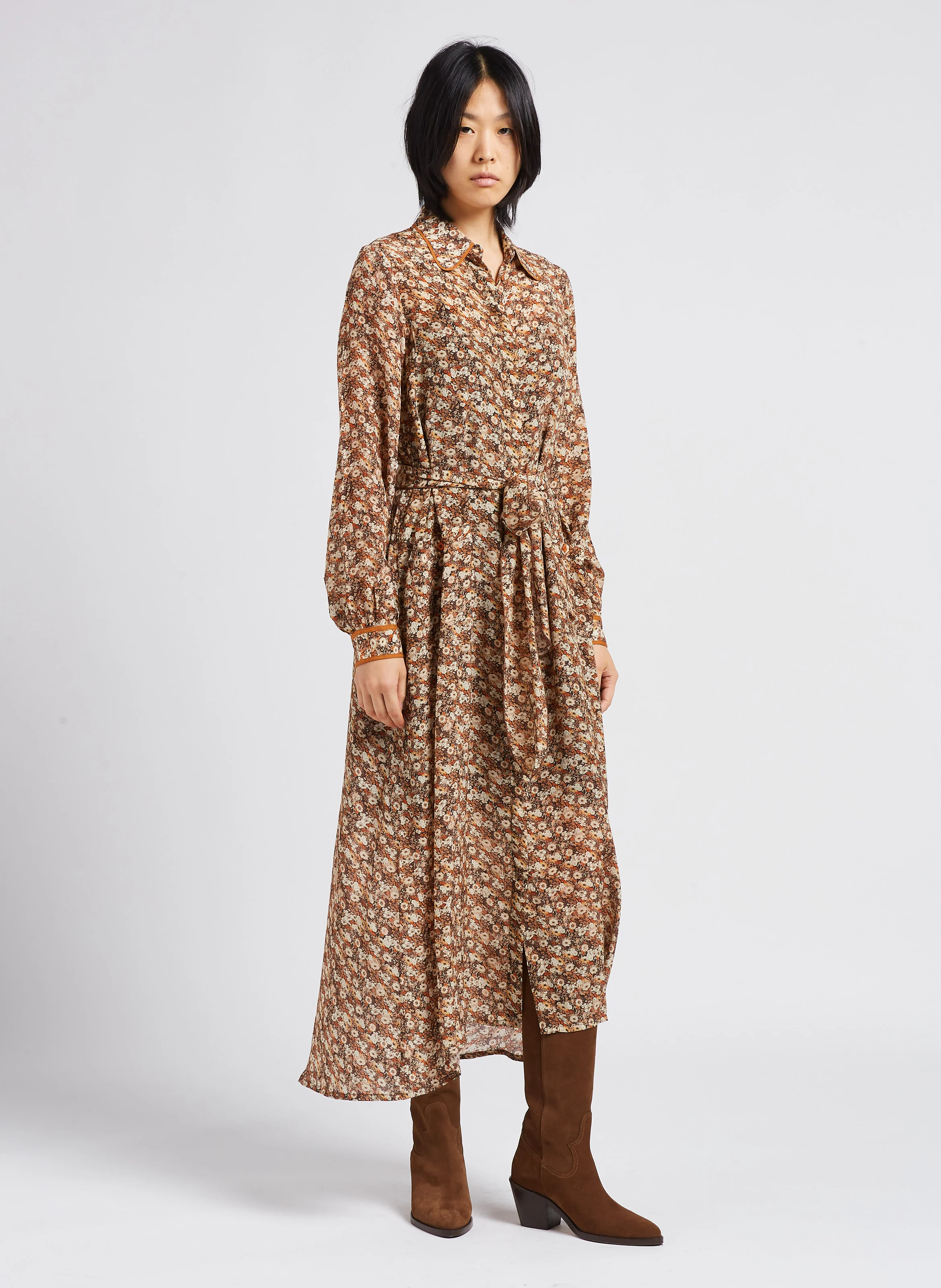 EMY - Robe longue col classique imprimée | Orange