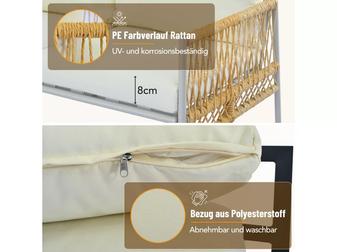 Salon de jardin 7 places, avec Matelas 8cm et oreiller, table basse avec verre durci grain de bois, Beige