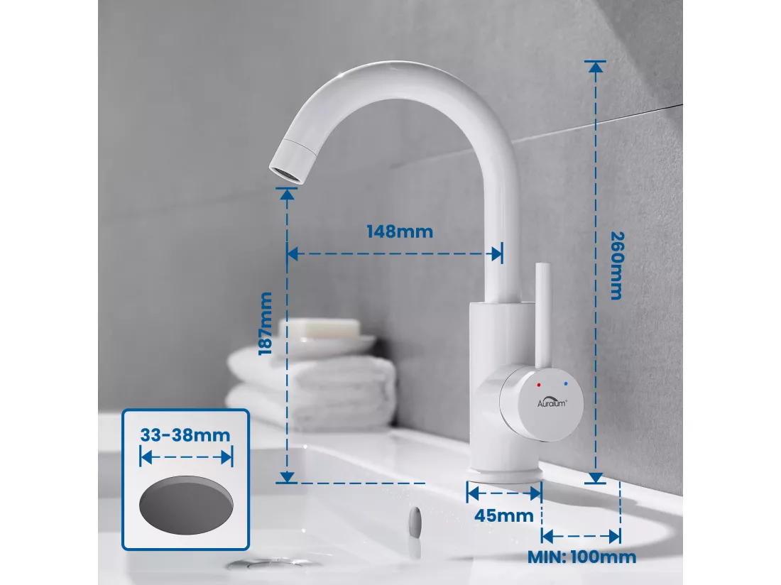Mitigeur Lavabo, AuraLum Max Robinet Lavabo Haut Pivotant à 360°, Robinet Lavabo Salle de Bain Monocommande avec Aérateur Démotable, Blanc,EU Modèle