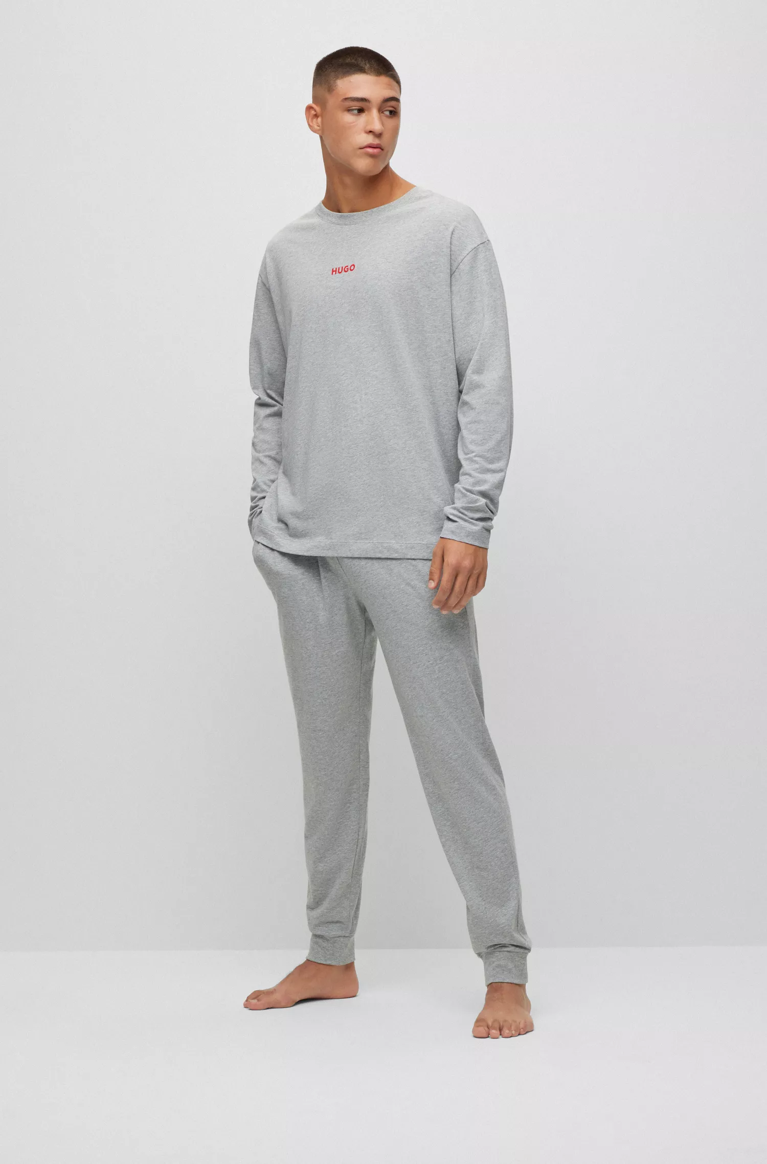 HUGO Vermelho - Blusa de pijama de modelagem relaxada em algodão elástico com logotipo.